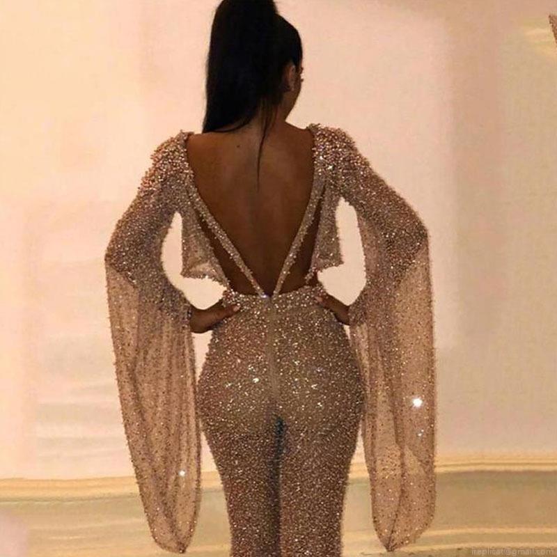 Women's Sexy Sequin Two Piece Set Long Sleeve Backless Crop Top and Flare Pants Sequin Polyester Clubwear Jumpsuit for Party Night Women's Sexy Sequin Two Piece Set Long Sleeve Backless Crop Top and Flare Pants Sequin Polyester Clubwear Jumpsuit for Party Night