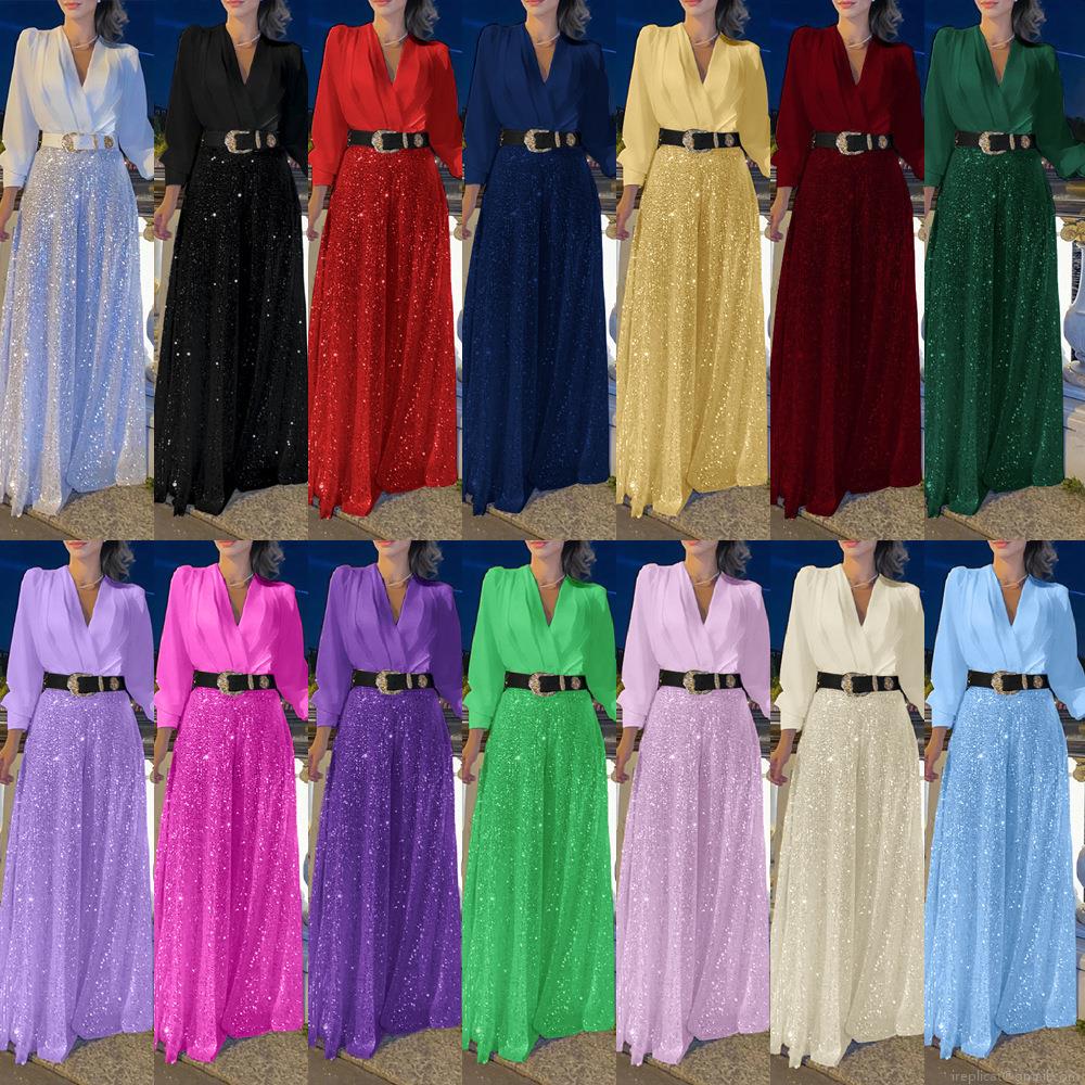 Women's Elegant V-Neck Long Sleeve Satin Sequin Patchwork Wide Leg Pants Set With Belt Luxury Fashion Waist-Slim Two-Piece Suit For Party Banquet Clubwear Women's Elegant V-Neck Long Sleeve Satin Sequin Patchwork Wide Leg Pants Set With Belt Luxury Fashion Waist-Slim Two-Piece Suit For Party Banquet Clubwear