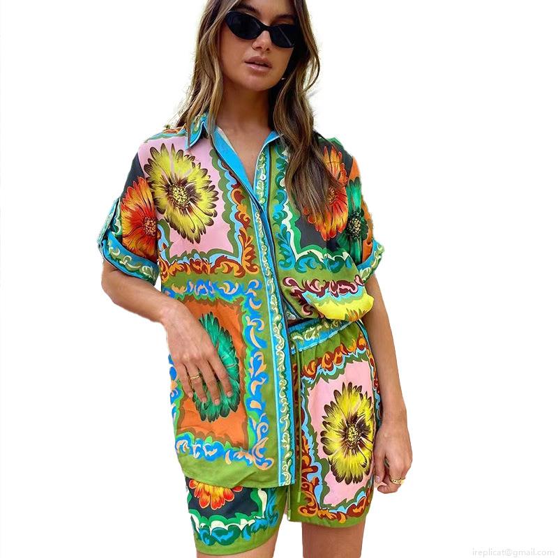 Women\'s Two Piece Set Floral Print Linen Blend Casual Short Sleeve Button Down Shirt and High Waist Shorts Summer Vacation Beach Outfit