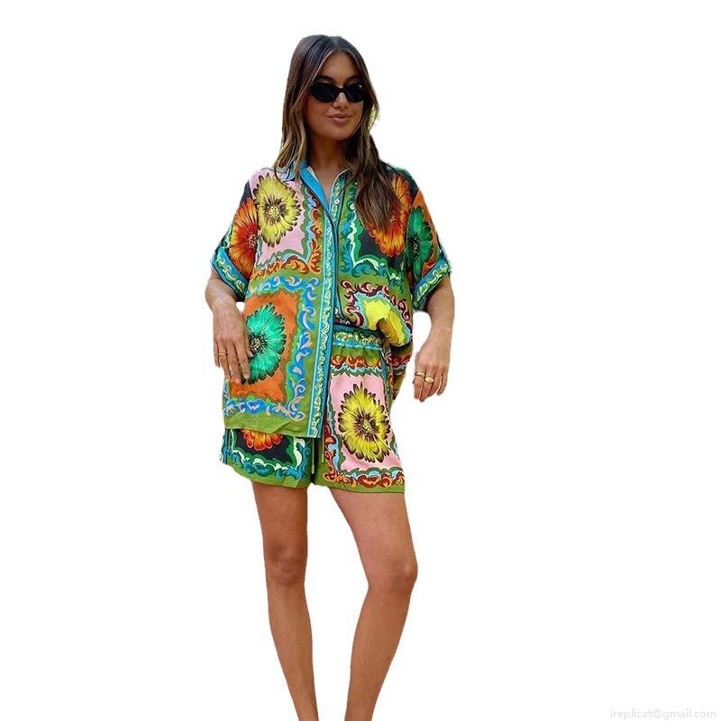 Women\'s Two Piece Set Floral Print Linen Blend Casual Short Sleeve Button Down Shirt and High Waist Shorts Summer Vacation Beach Outfit