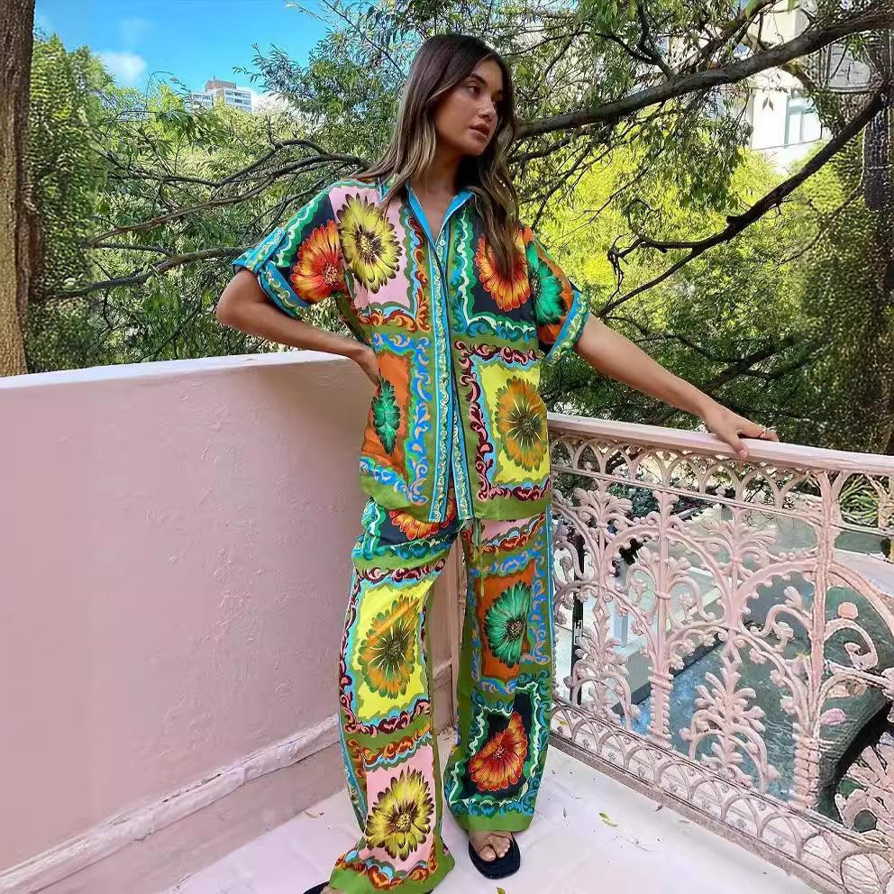 Women's Vintage Sunflower Baroque Print 2 Piece Set Vacation Short Sleeve Lapel Shirt And Wide Leg Pants Casual Summer Outfits Women's Vintage Sunflower Baroque Print 2 Piece Set Vacation Short Sleeve Lapel Shirt And Wide Leg Pants Casual Summer Outfits