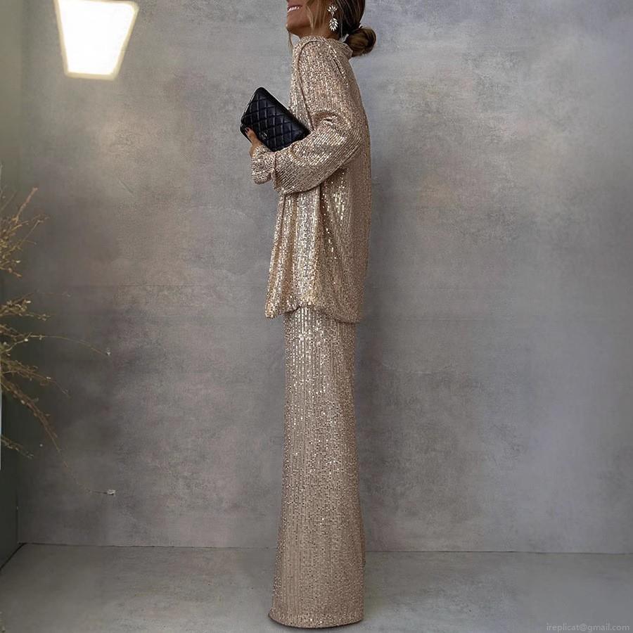 Women's Elegant Sequined Suit Two-Piece Set Long Sleeve Blazer And High Waist Wide Leg Pants Glitter Party Banquet Evening Outfits For Women Women's Elegant Sequined Suit Two-Piece Set Long Sleeve Blazer And High Waist Wide Leg Pants Glitter Party Banquet Evening Outfits For Women