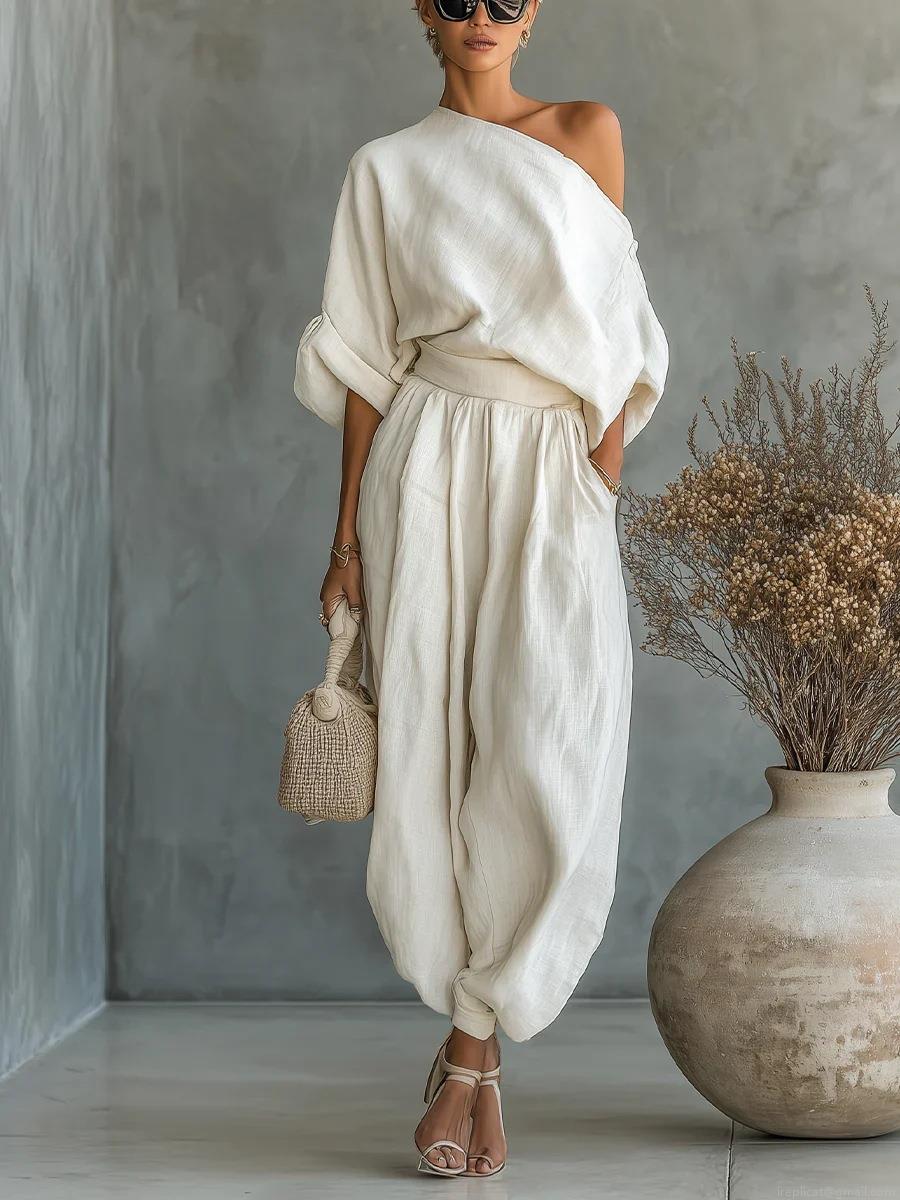 Women Elegant One Shoulder Long Sleeve T-Shirt and High Waist Wide Leg Pants Two Piece Set Solid Color Linen Texture Loose Casual Lounge Outfit for Summer Autumn Spring Women Elegant One Shoulder Long Sleeve T-Shirt and High Waist Wide Leg Pants Two Piece Set Solid Color Linen Texture Loose Casual Lounge Outfit for Summer Autumn Spring