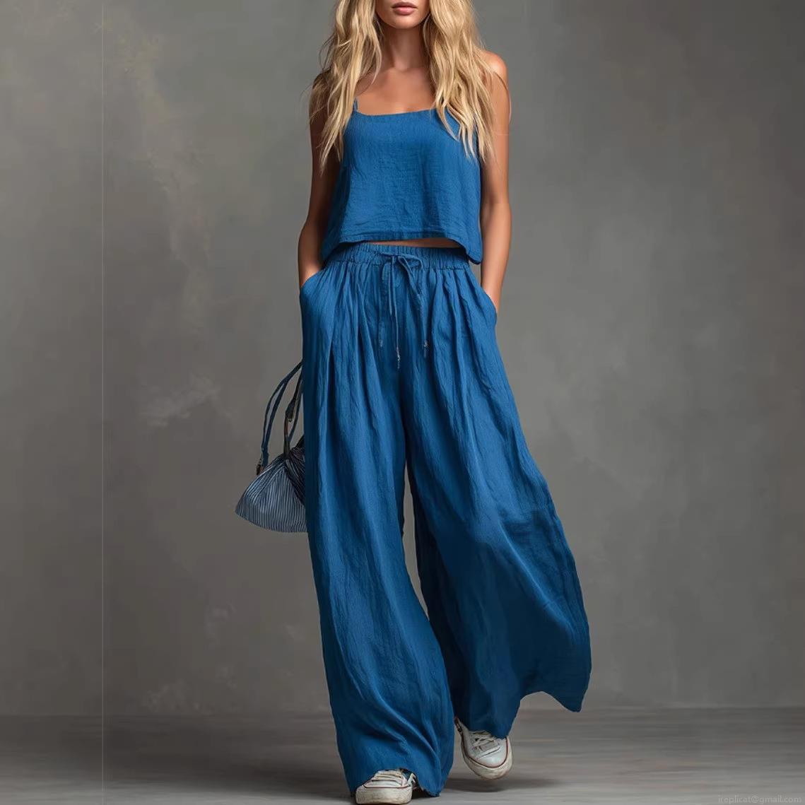 Women's 2 Piece Lounge Set Sleeveless Crop Top And High Waist Wide Leg Pants Polyester Solid Color Casual Trendy Streetwear Outfits For Daily Wear Women's 2 Piece Lounge Set Sleeveless Crop Top And High Waist Wide Leg Pants Polyester Solid Color Casual Trendy Streetwear Outfits For Daily Wear