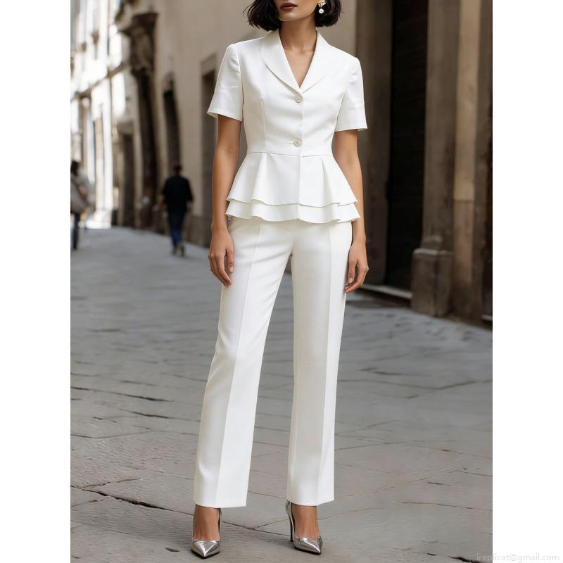 Women's 2 Piece Blazer Set Elegant Short Sleeve Ruffle Peplum Blazer and High Waist Straight Leg Pants Suit for Business Professional Office Commute Pearl Button Slim Fit Polyester Two Piece Outfit Women's 2 Piece Blazer Set Elegant Short Sleeve Ruffle Peplum Blazer and High Waist Straight Leg Pants Suit for Business Professional Office Commute Pearl Button Slim Fit Polyester Two Piece Outfit