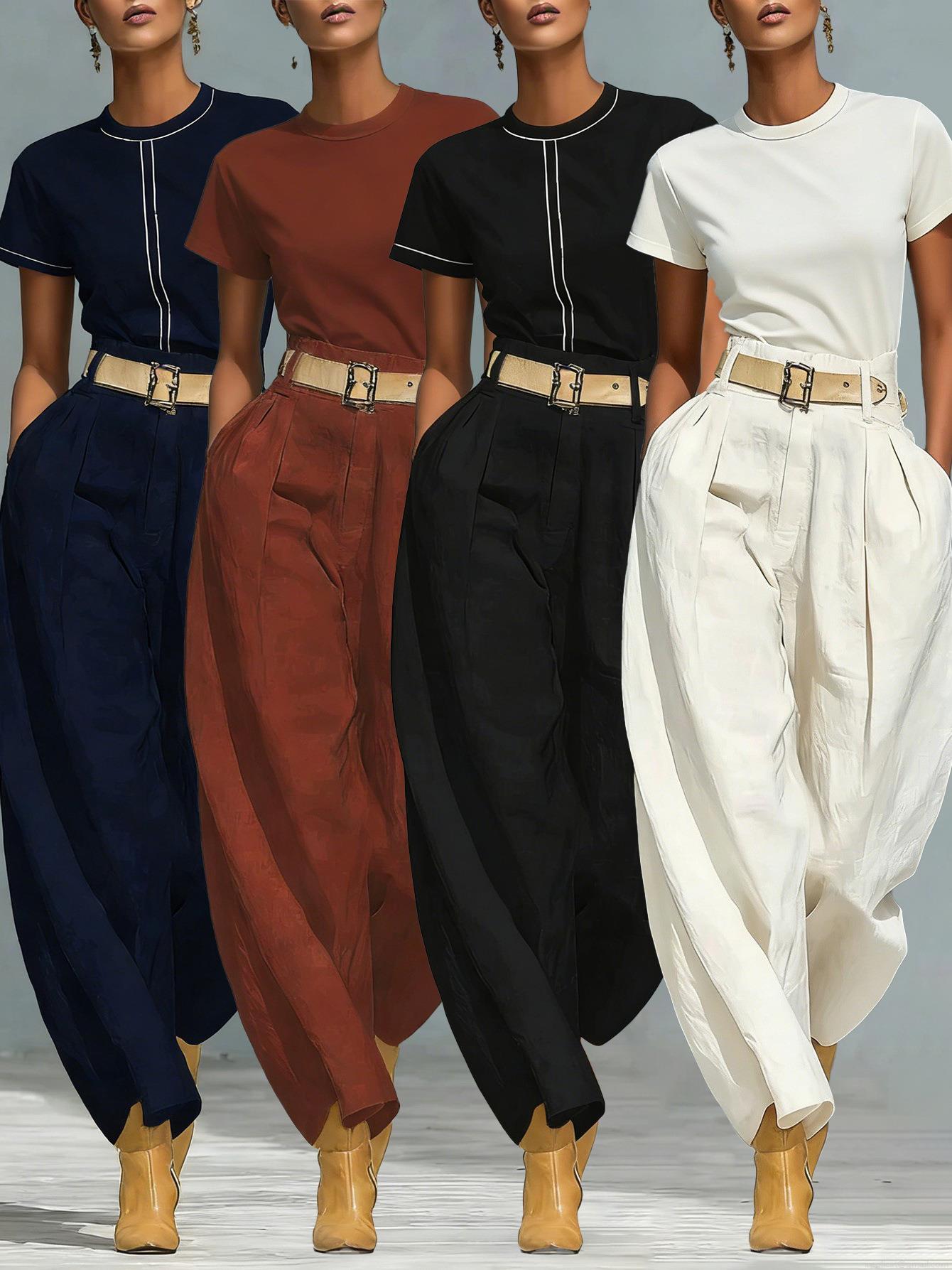 Women's Casual Two Piece Set Short Sleeve Round Neck T-Shirt And High Waist Wide Leg Harem Pants With Belt Minimalist Solid Color Streetwear Outfit For Ladies Women's Casual Two Piece Set Short Sleeve Round Neck T-Shirt And High Waist Wide Leg Harem Pants With Belt Minimalist Solid Color Streetwear Outfit For Ladies