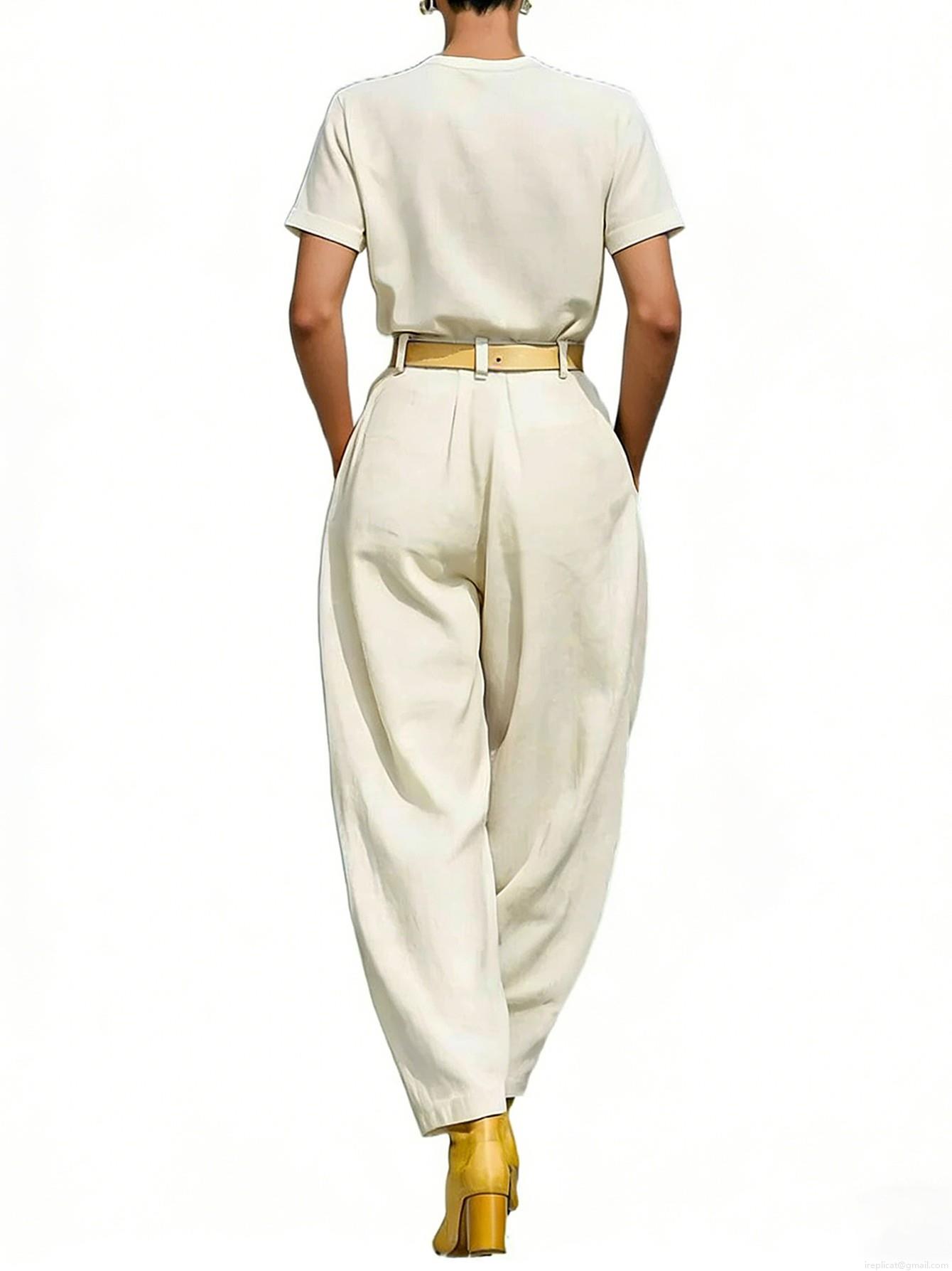 Women\'s Casual Two Piece Set Short Sleeve Round Neck T-Shirt And High Waist Wide Leg Harem Pants With Belt Minimalist Solid Color Streetwear Outfit For Ladies