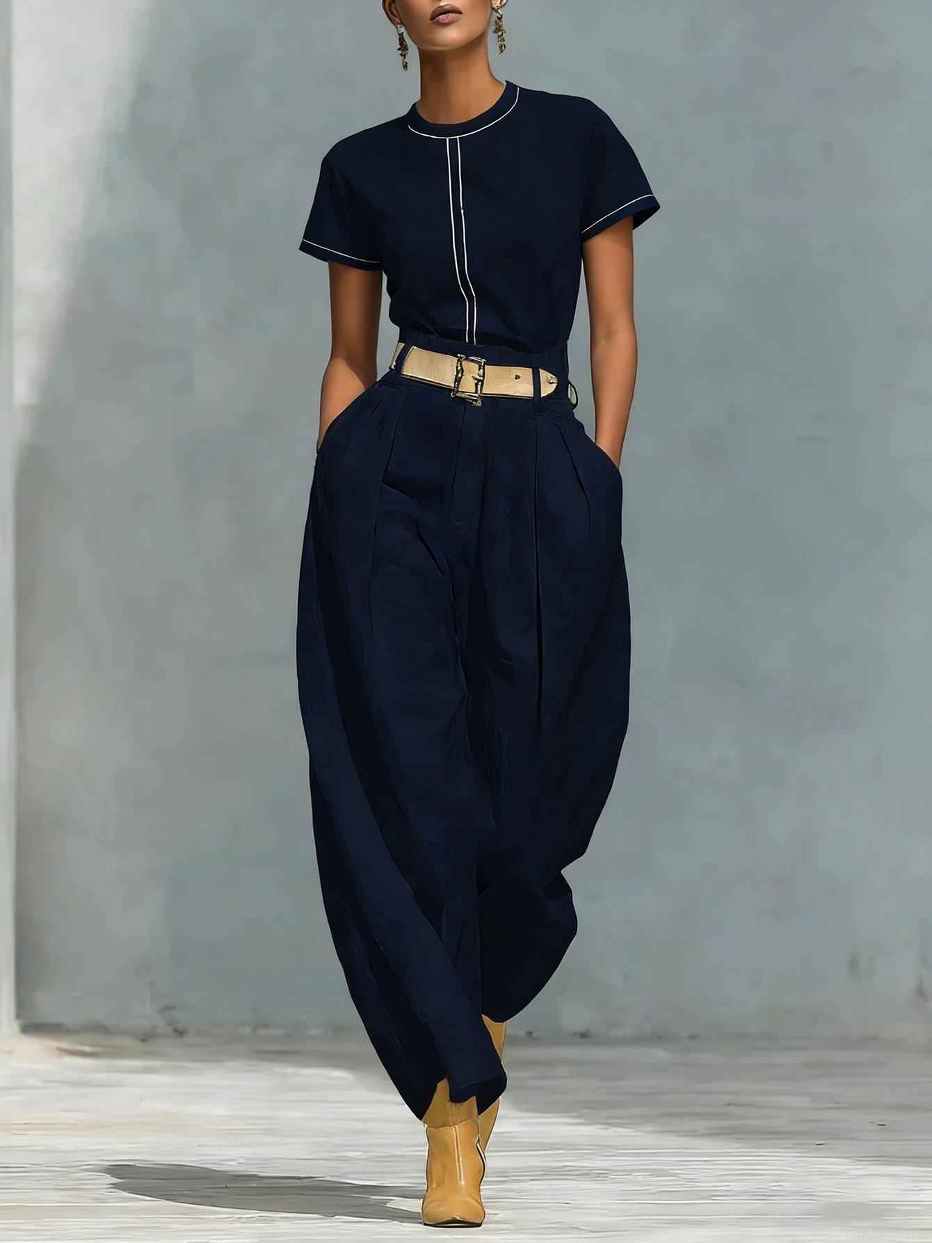 Women\'s Casual Two Piece Set Short Sleeve Round Neck T-Shirt And High Waist Wide Leg Harem Pants With Belt Minimalist Solid Color Streetwear Outfit For Ladies
