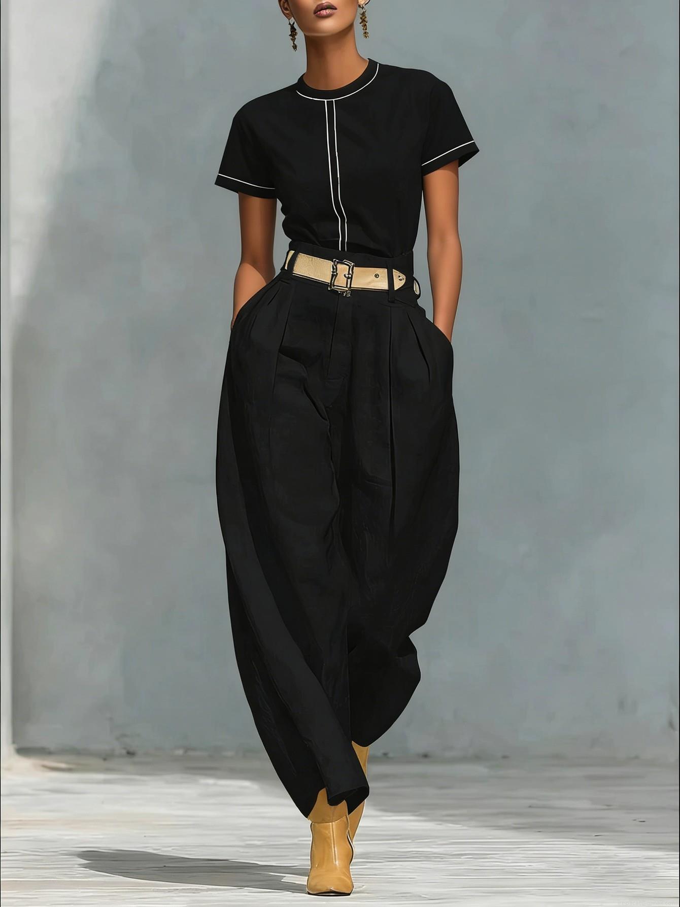 Women\'s Casual Two Piece Set Short Sleeve Round Neck T-Shirt And High Waist Wide Leg Harem Pants With Belt Minimalist Solid Color Streetwear Outfit For Ladies