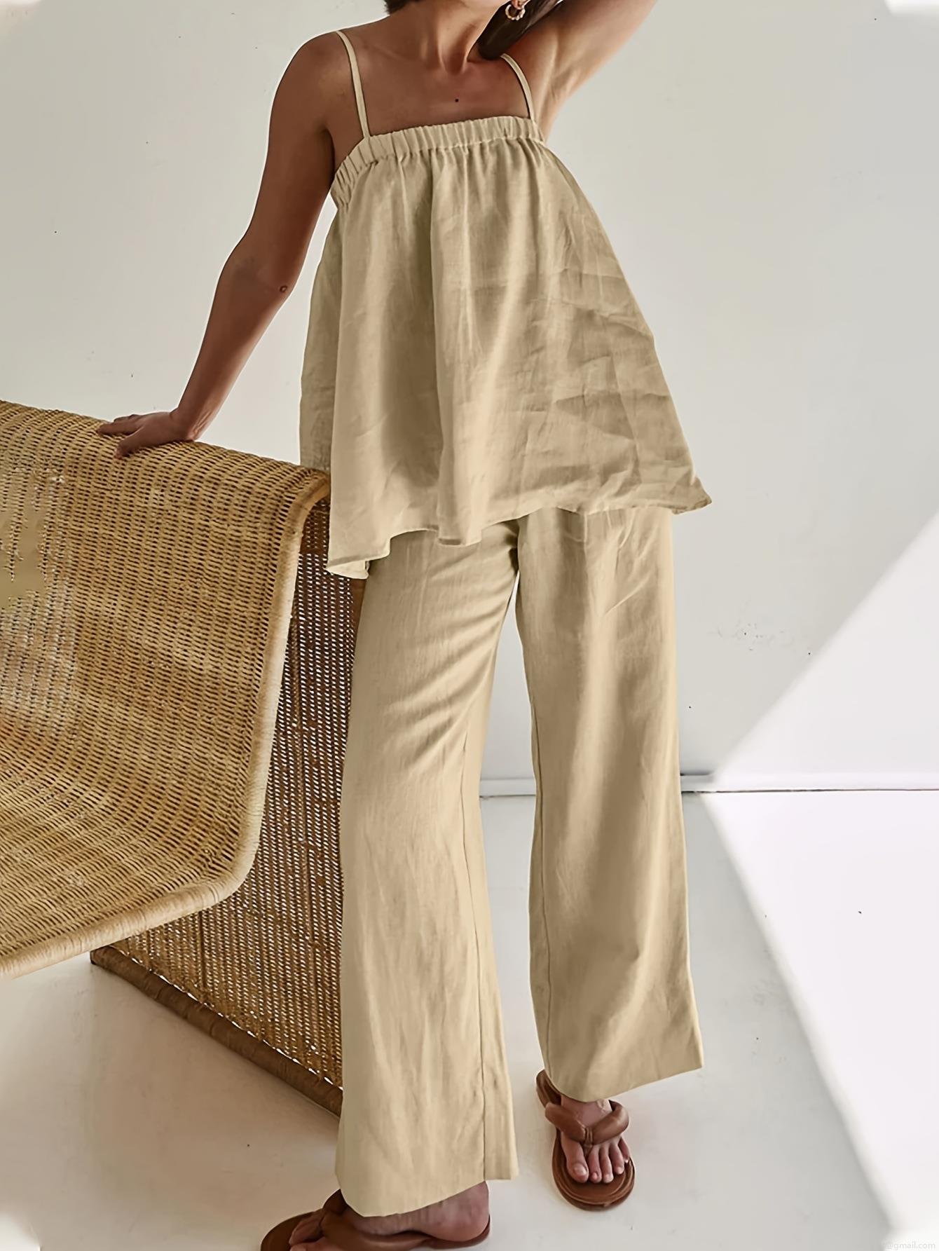 Women's Summer Two Piece Set Spaghetti Strap Backless Crop Top and High Waist Wide Leg Pants Solid Color Casual Vacation Outfits Minimalist Streetwear Women's Summer Two Piece Set Spaghetti Strap Backless Crop Top and High Waist Wide Leg Pants Solid Color Casual Vacation Outfits Minimalist Streetwear