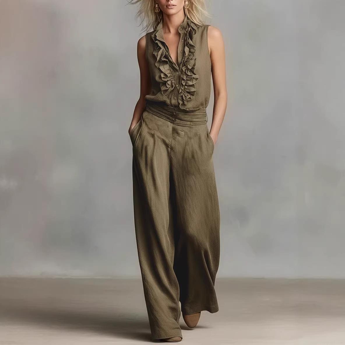 Women's Elegant Two-Piece Pants Set Polyester V-Neck Ruffle Sleeveless Shirt High Waist Wide Leg Long Pants Summer Casual Office Commute Outfit Women's Elegant Two-Piece Pants Set Polyester V-Neck Ruffle Sleeveless Shirt High Waist Wide Leg Long Pants Summer Casual Office Commute Outfit