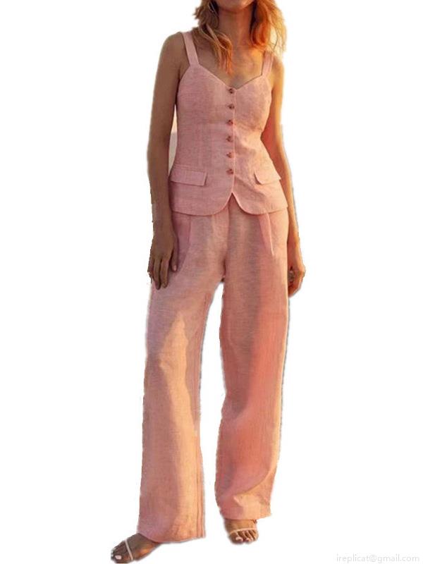 Women's Fashion Pink Polyester Linen Feel Vest and Pants Two-Piece Set V-Neck Single Breasted Waistcoat and High Waist Wide Leg Trousers Casual Summer Vacation Suit Women's Fashion Pink Polyester Linen Feel Vest and Pants Two-Piece Set V-Neck Single Breasted Waistcoat and High Waist Wide Leg Trousers Casual Summer Vacation Suit