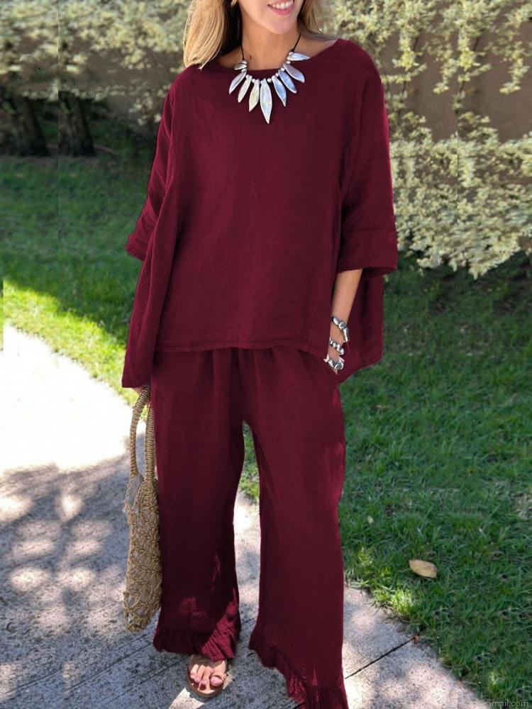 Women's 2 Piece Lounge Set Casual Cotton Linen Feel Solid Color Loose Fit Short Sleeve Top And Wide Leg Pants Vacation Outfits For Women Women's 2 Piece Lounge Set Casual Cotton Linen Feel Solid Color Loose Fit Short Sleeve Top And Wide Leg Pants Vacation Outfits For Women