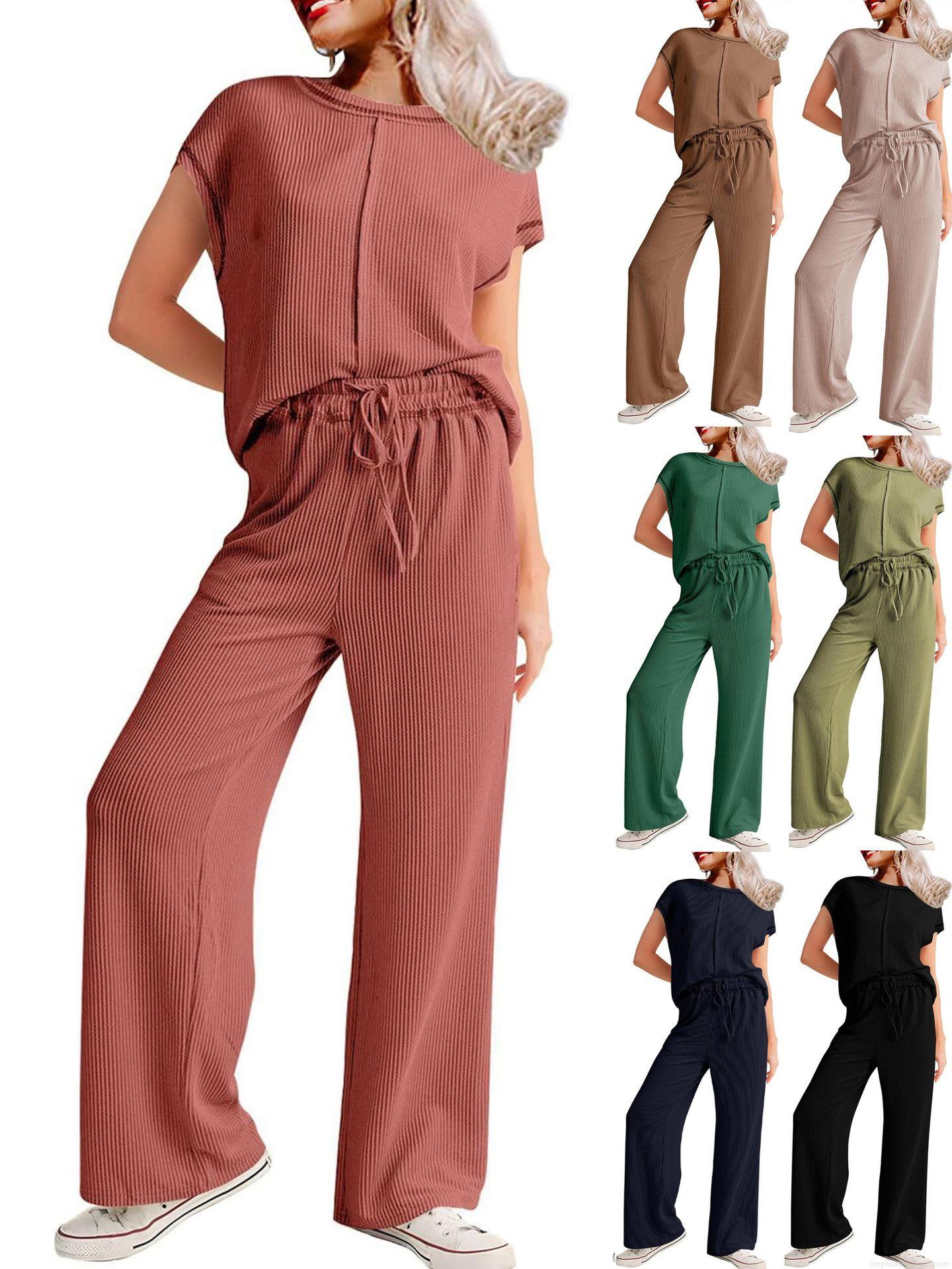 Women Ribbed Knit Two Piece Pants Set Casual Short Sleeve Round Neck T-Shirt And High Waist Drawstring Wide Leg Trousers Comfortable Daily Commuting Loungewear Co-ords Outfits Women Ribbed Knit Two Piece Pants Set Casual Short Sleeve Round Neck T-Shirt And High Waist Drawstring Wide Leg Trousers Comfortable Daily Commuting Loungewear Co-ords Outfits