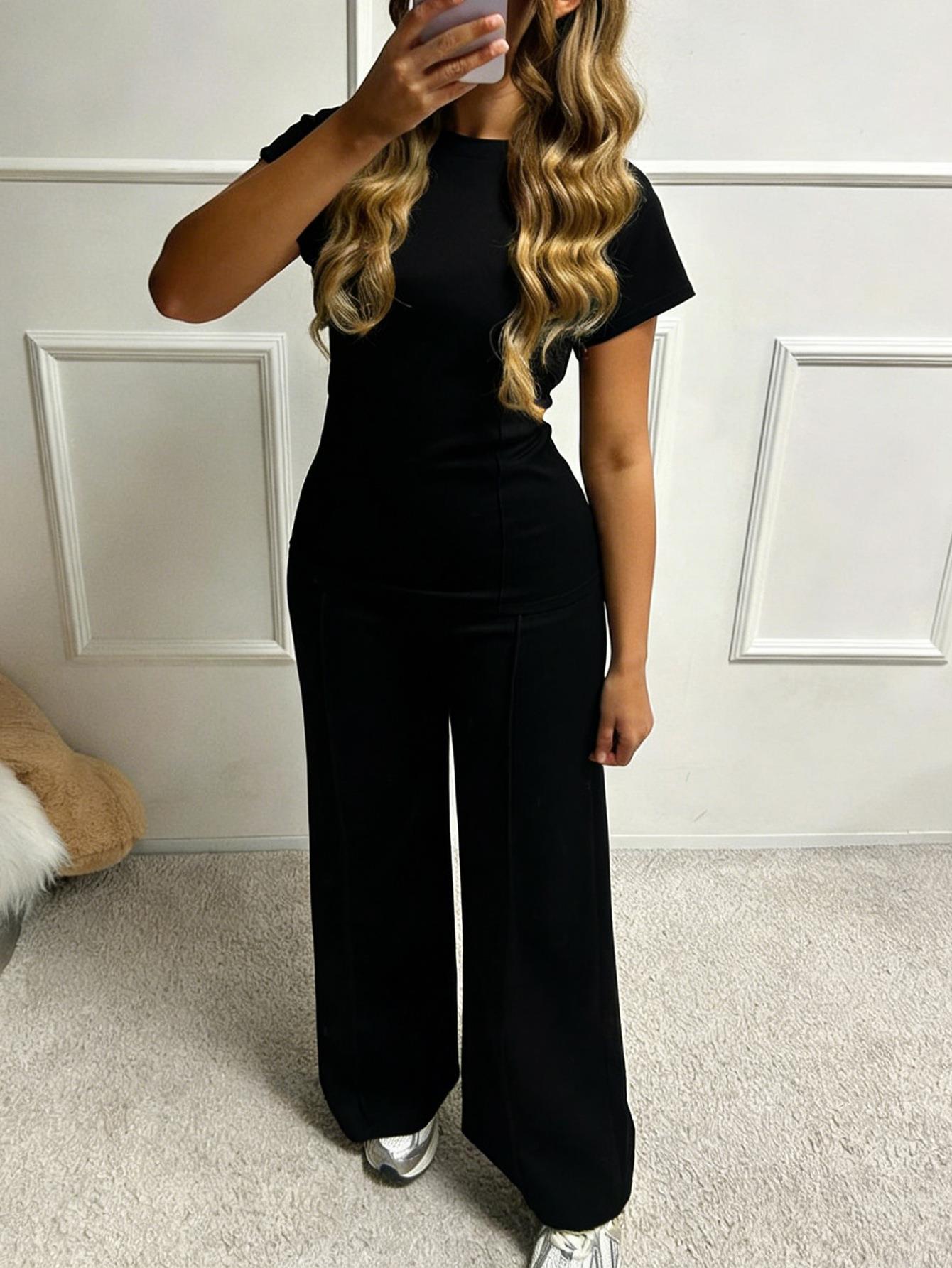 Women\'s Casual Two-Piece Lounge Set Polyester Viscose Blend Round Neck Short Sleeve T-Shirt and High Waist Wide Leg Pants Solid Color Summer Outfits Tracksuit