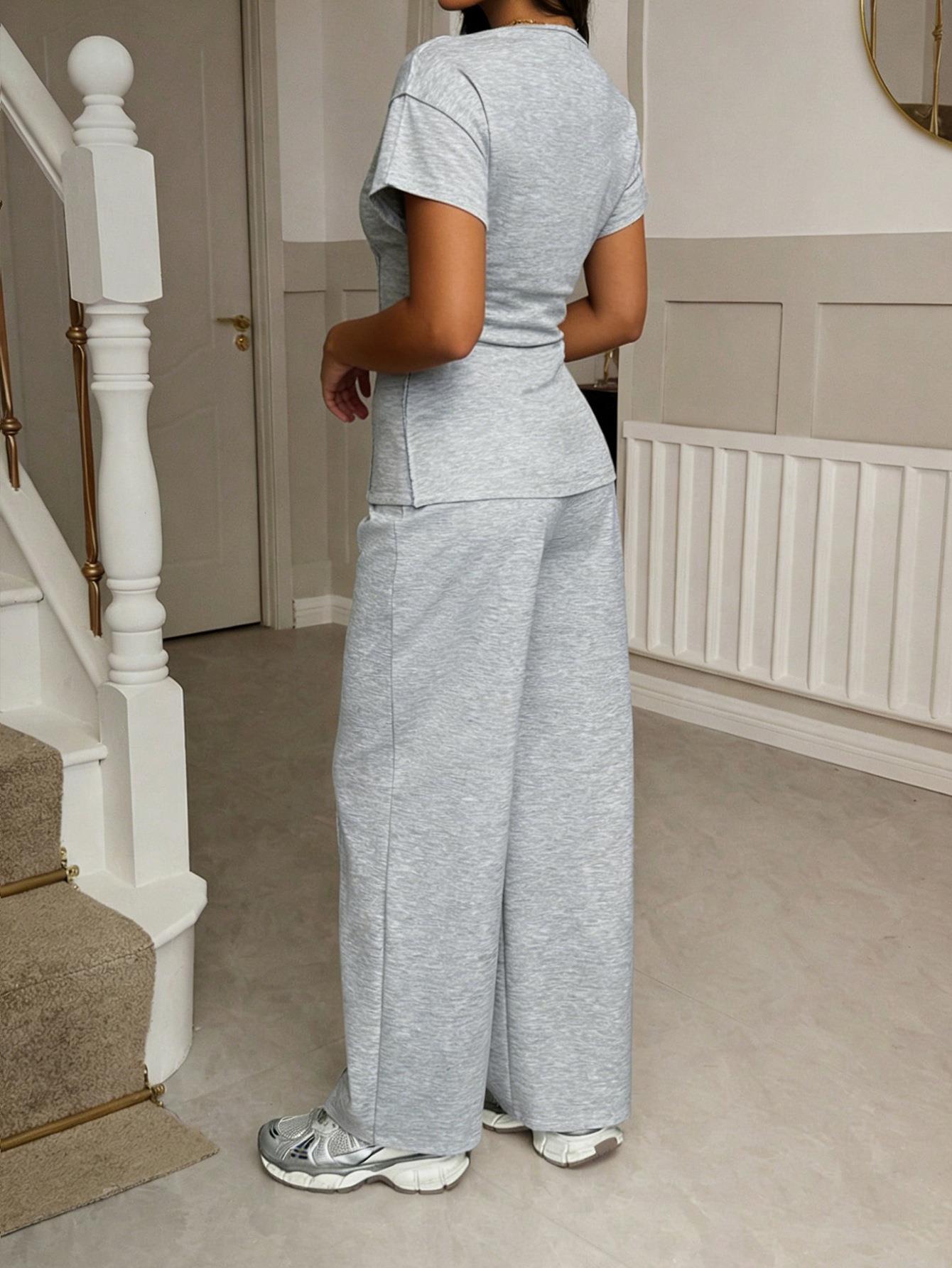 Women\'s Casual Two-Piece Lounge Set Polyester Viscose Blend Round Neck Short Sleeve T-Shirt and High Waist Wide Leg Pants Solid Color Summer Outfits Tracksuit
