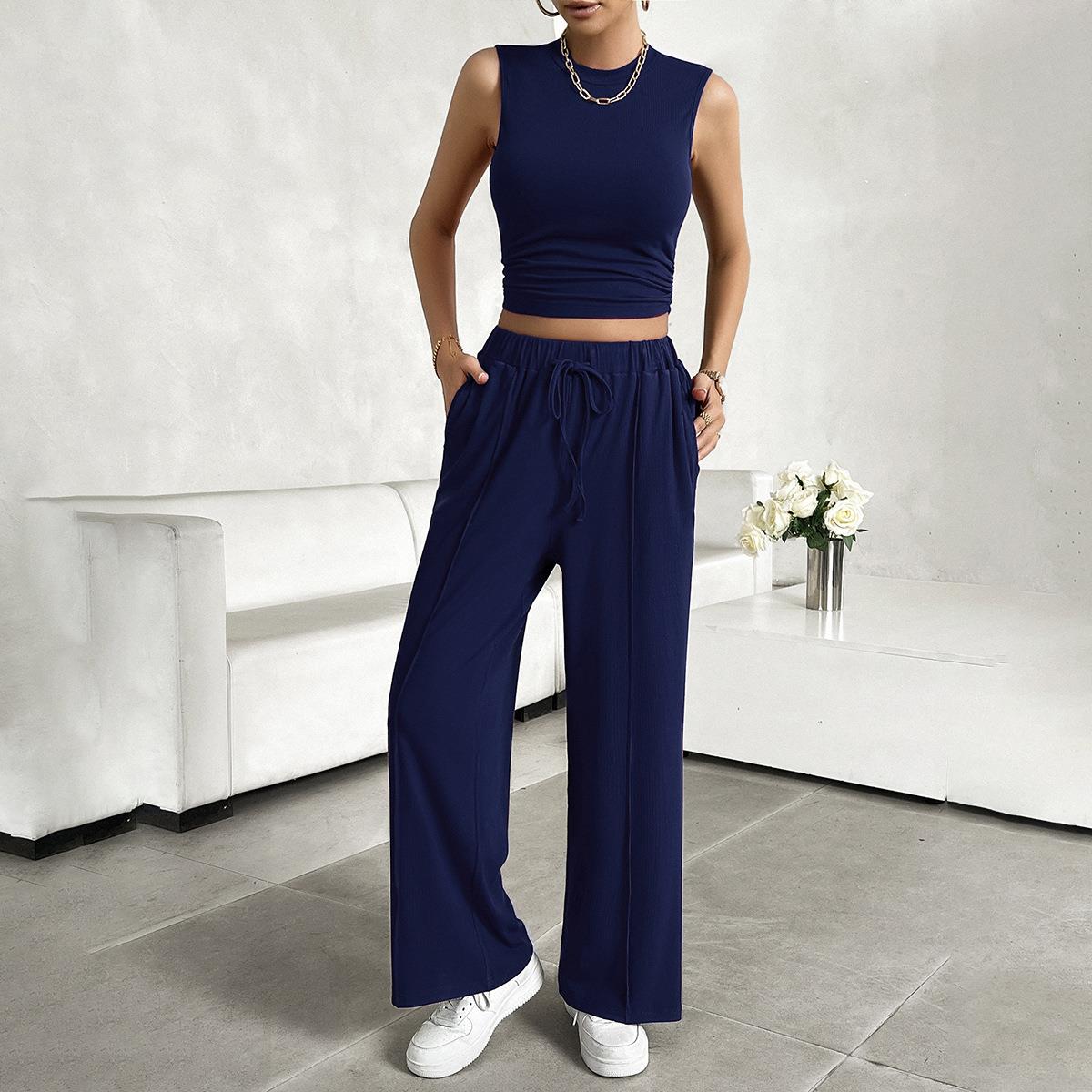 Women\'s 2 Piece Viscose Ribbed Knit Outfits Sleeveless Crewneck Tank Top And Drawstring Wide Leg Pants Casual Lounge Set