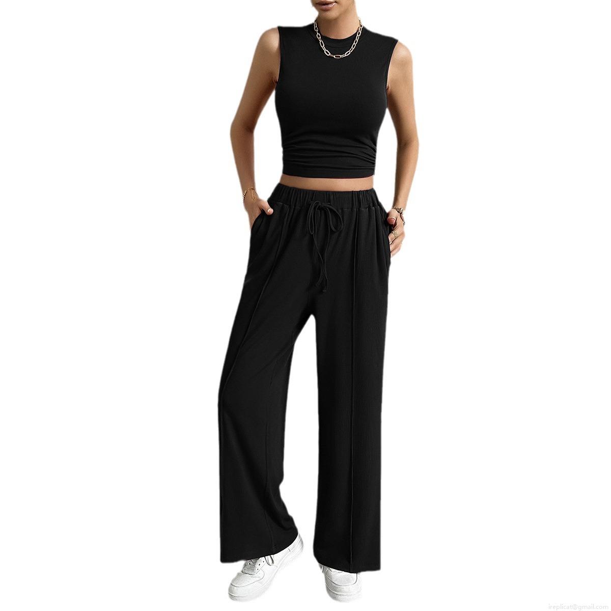 Women\'s 2 Piece Viscose Ribbed Knit Outfits Sleeveless Crewneck Tank Top And Drawstring Wide Leg Pants Casual Lounge Set