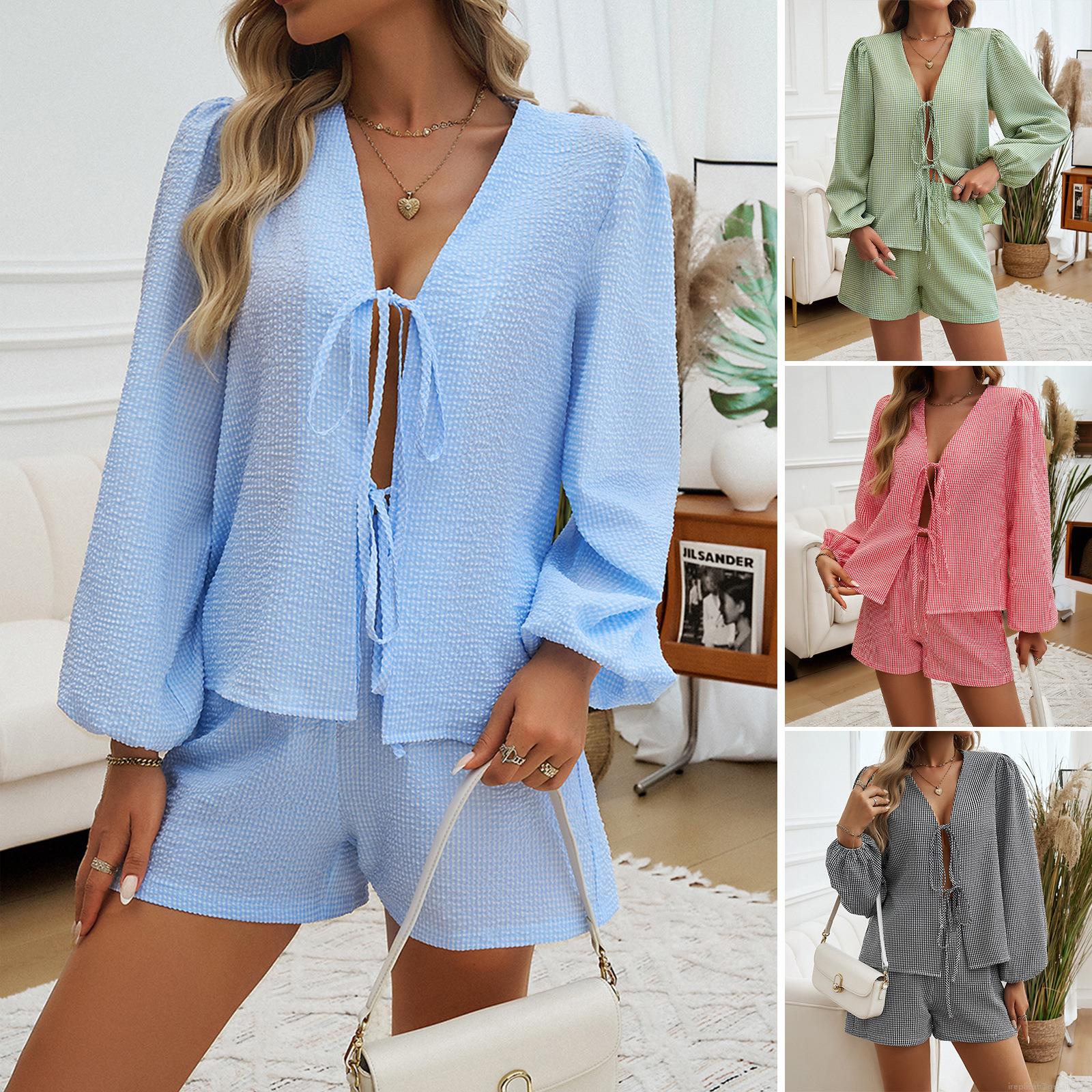 Women's Two Piece Shorts Set Crinkled Polyester V-Neck Tie-Front Long Sleeve Puff Sleeve Top And High Waist Shorts Casual Vacation Leisure Streetwear For Women Women's Two Piece Shorts Set Crinkled Polyester V-Neck Tie-Front Long Sleeve Puff Sleeve Top And High Waist Shorts Casual Vacation Leisure Streetwear For Women