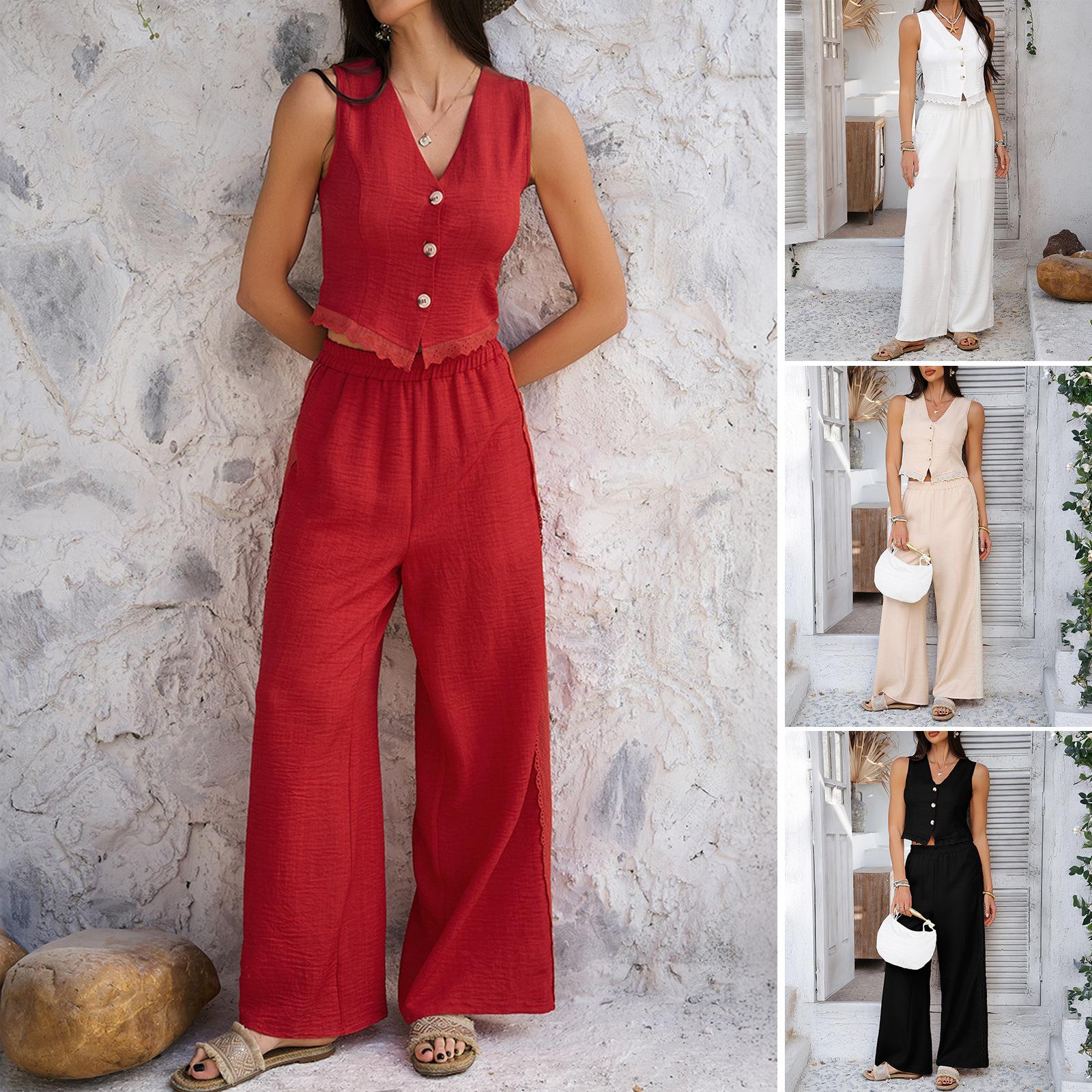 Women's 2 Piece Outfits Casual Sleeveless Lace Trim Vest And High Waist Wide Leg Pants Set Solid Color 100% Polyester Vacation Suits For Women
