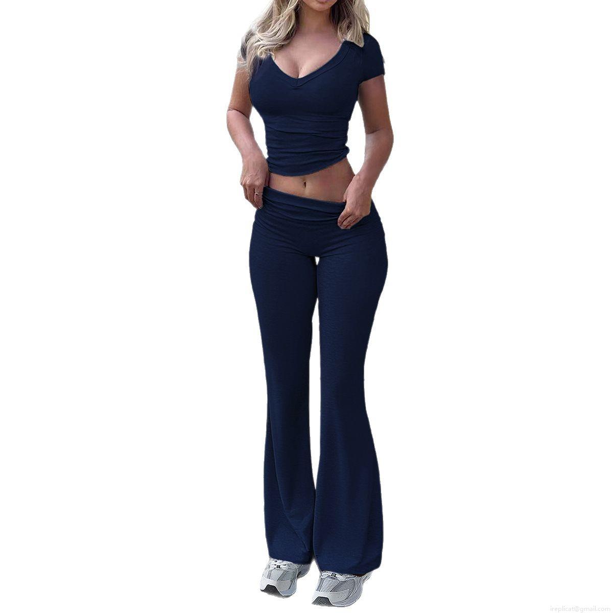 Women\'s 2 Piece Outfits Sets Viscose Spandex V Neck Short Sleeve Crop Top And High Waisted Flare Pants Ribbed Solid Color Casual Sporty Tracksuit Streetwear