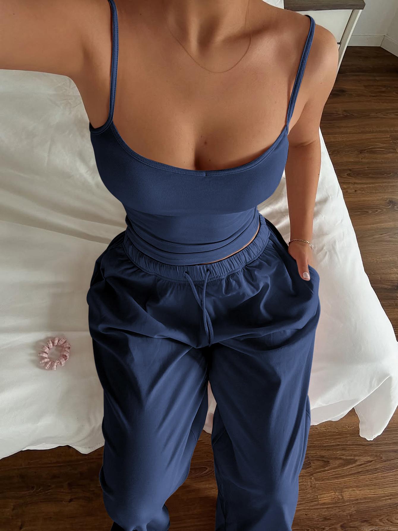 Women's 2 Piece Lounge Set Sleeveless V Neck Cami Top And Drawstring Jogger Pants Solid Color Polyester Knit Tracksuit For Daily Casual Wear