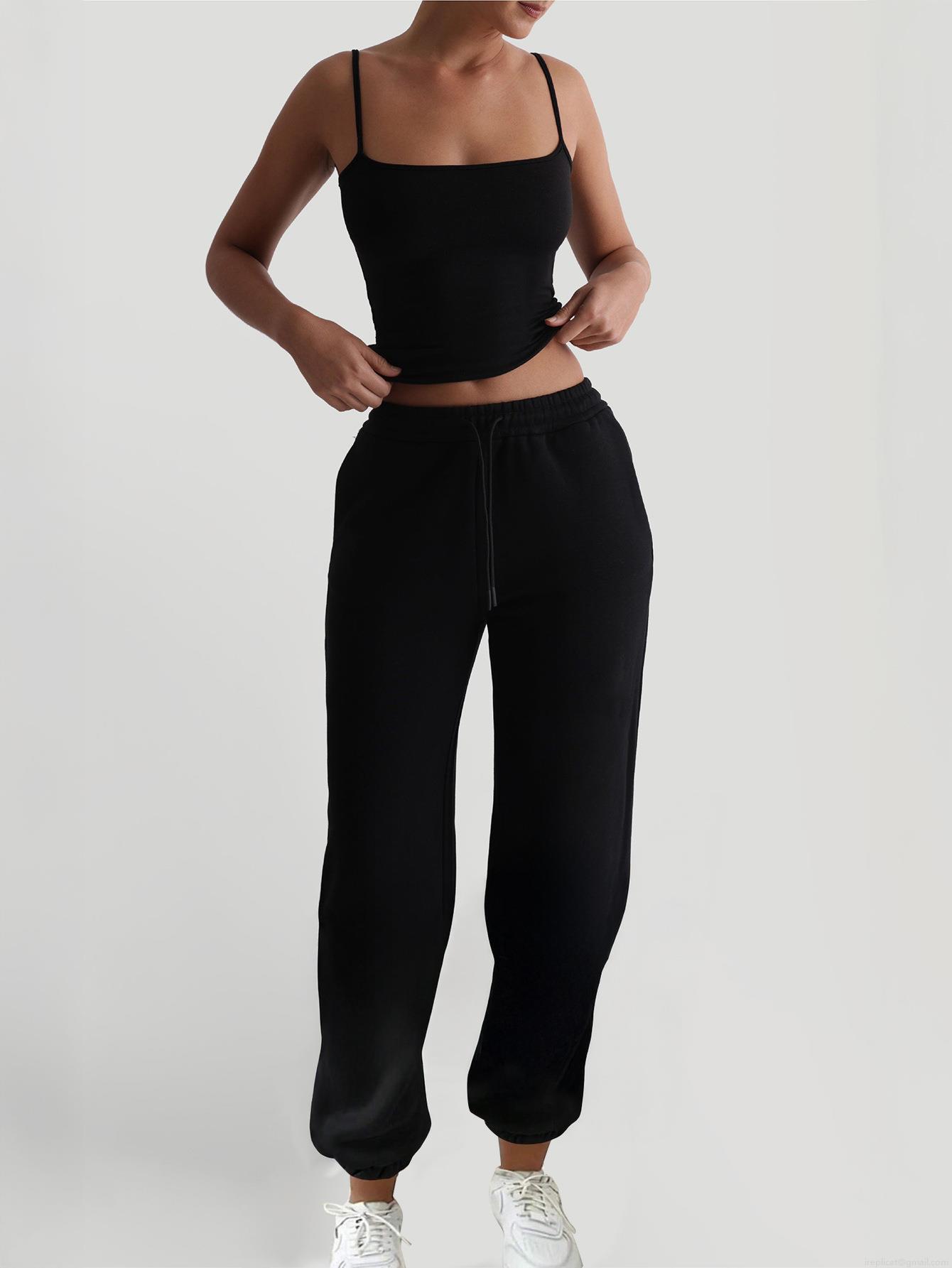 Women\'s 2 Piece Lounge Set Sleeveless V Neck Cami Top And Drawstring Jogger Pants Solid Color Polyester Knit Tracksuit For Daily Casual Wear