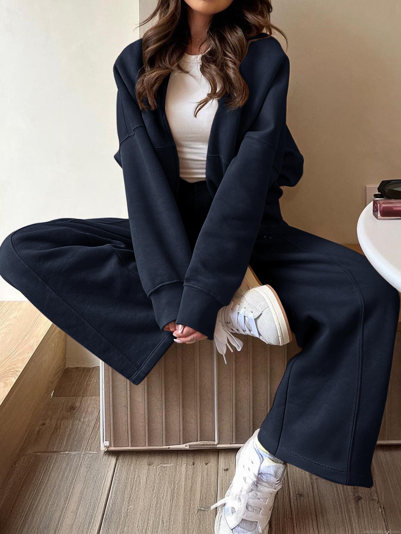 Women\'s Two-Piece Leisure Suit 100% Polyester Knitted Hooded Zipper Jacket And Wide Leg Pants Set Solid Color Casual Loungewear For Autumn Winter