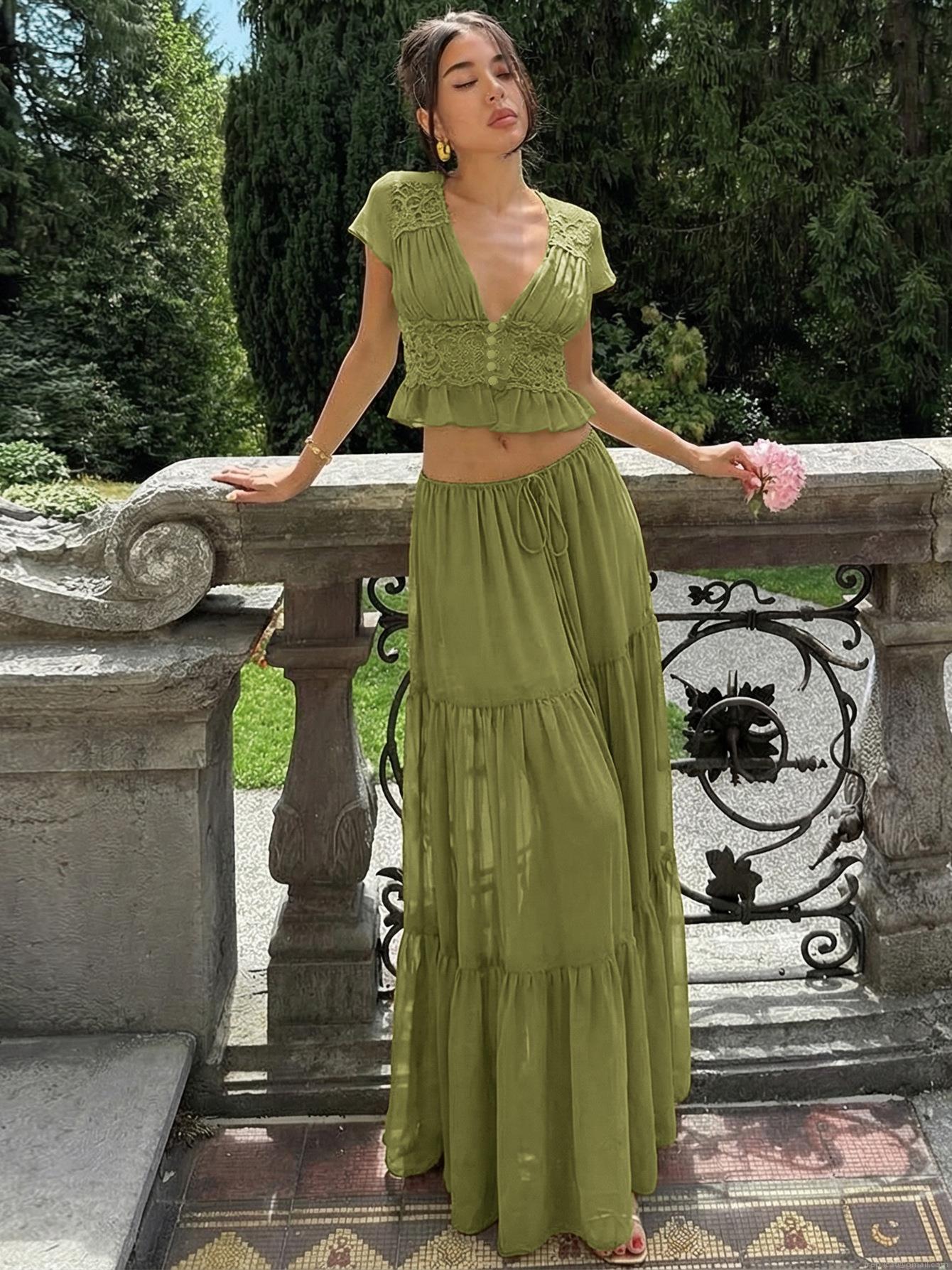 Women's French Sexy Lace Patchwork 2 Piece Skirt Set V Neck Ruffle Crop Top and Tiered Cake Maxi Skirt Set Bohemian Summer Vacation Outfit