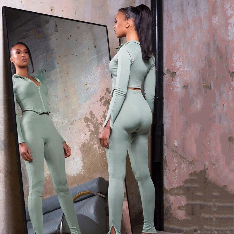 Women\'s 2 Piece Ribbed Outfits Sexy Long Sleeve Half Zip Up Crop Top and High Waist Skinny Slit Pants Sets Solid Color Streetwear Tracksuits