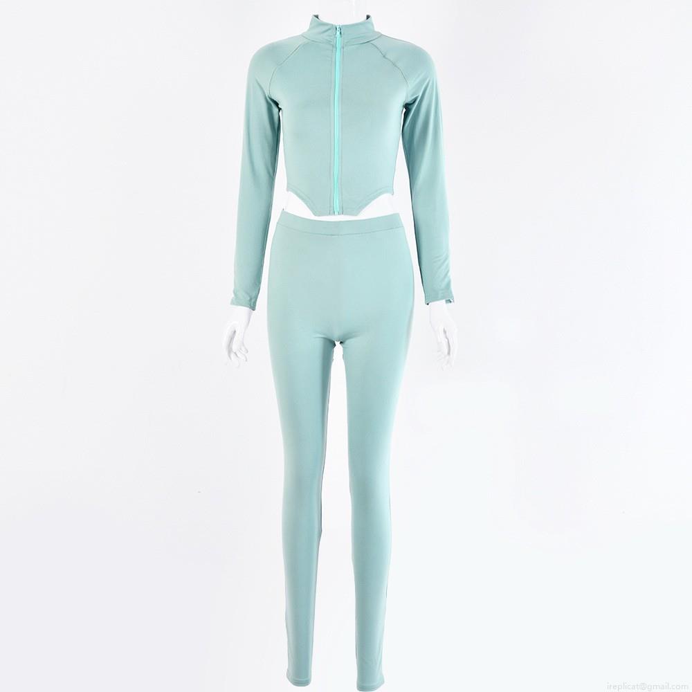 Women\'s 2 Piece Ribbed Outfits Sexy Long Sleeve Half Zip Up Crop Top and High Waist Skinny Slit Pants Sets Solid Color Streetwear Tracksuits