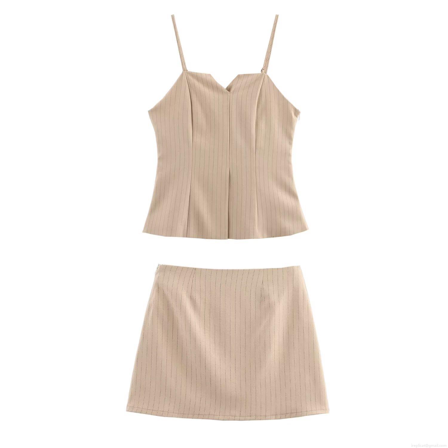 Women's Sexy Two Piece Skirt Set 100% Polyester Vertical Stripe Backless V-Neck Camisole Crop Top And A-Line Mini Skirt Summer French Style Outfits For Women Vacation Party Dating