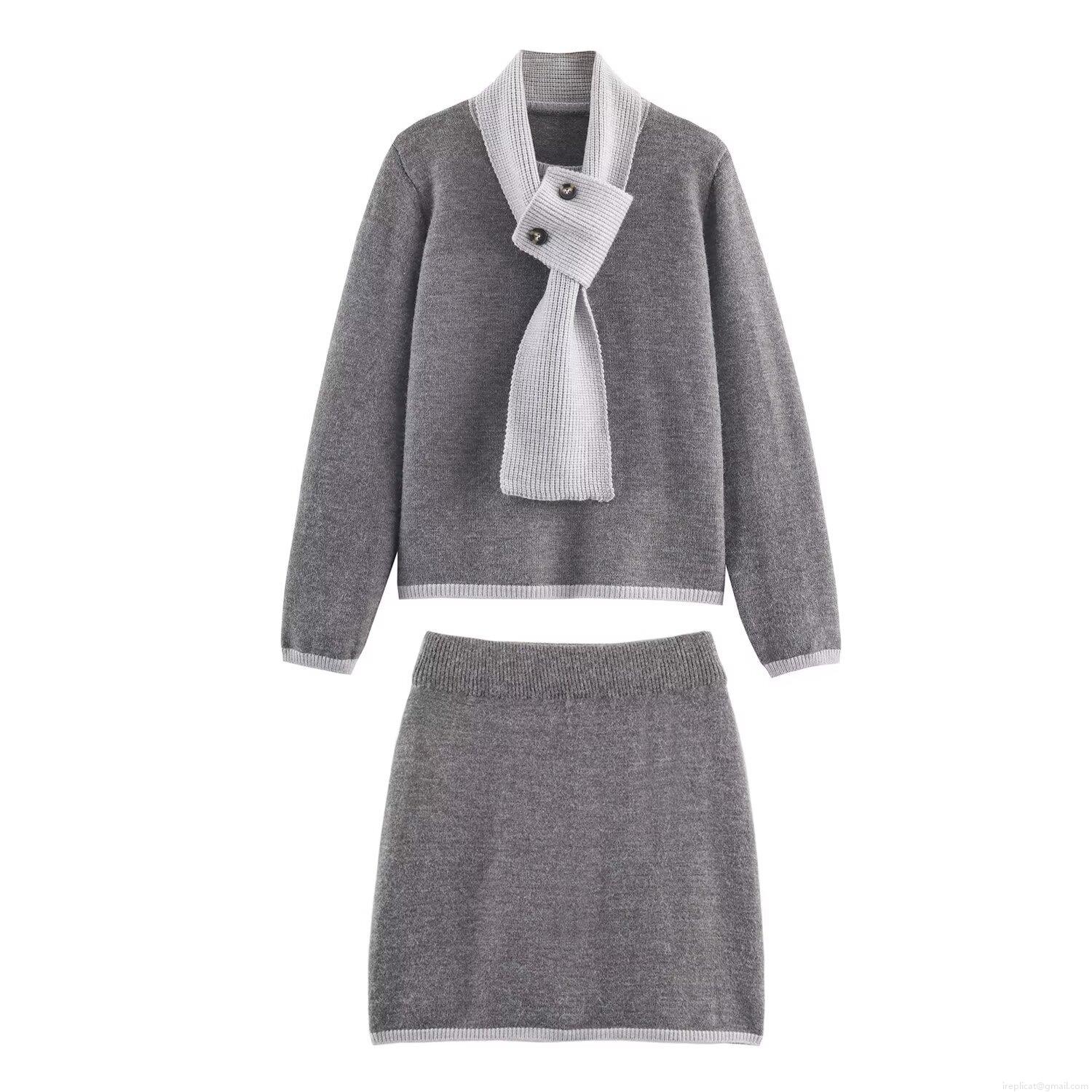 Women Korean Style Knit Two Piece Set Scarf Collar Contrast Color Long Sleeve Sweater And Mini Skirt Casual Elegant Autumn Winter Knitwear Outfit