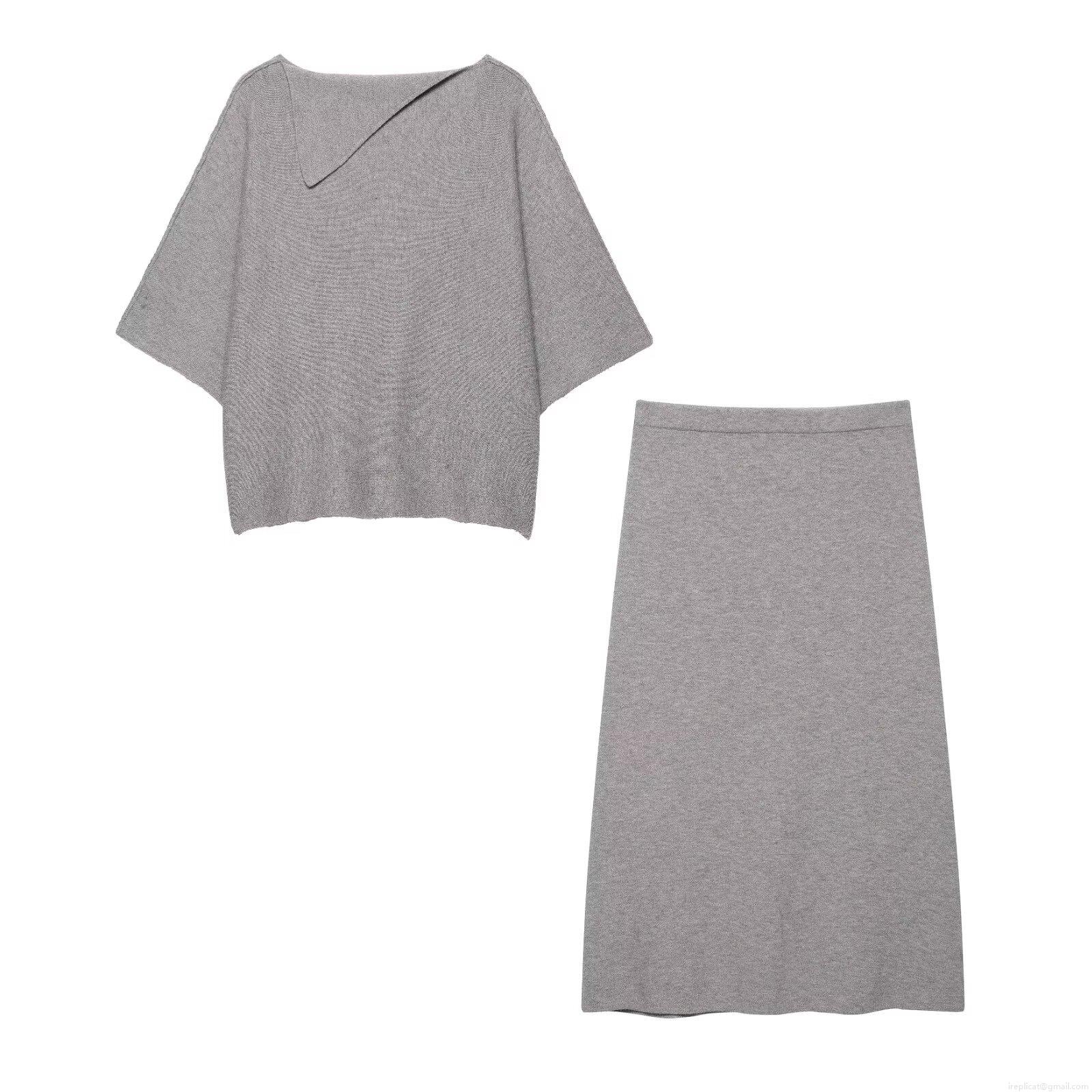 Women Elegant 2 Piece Knit Skirt Set Asymmetric Lapel Batwing Sleeve Sweater Top And Midi Straight Skirt Polyester Casual Autumn Winter Outfit