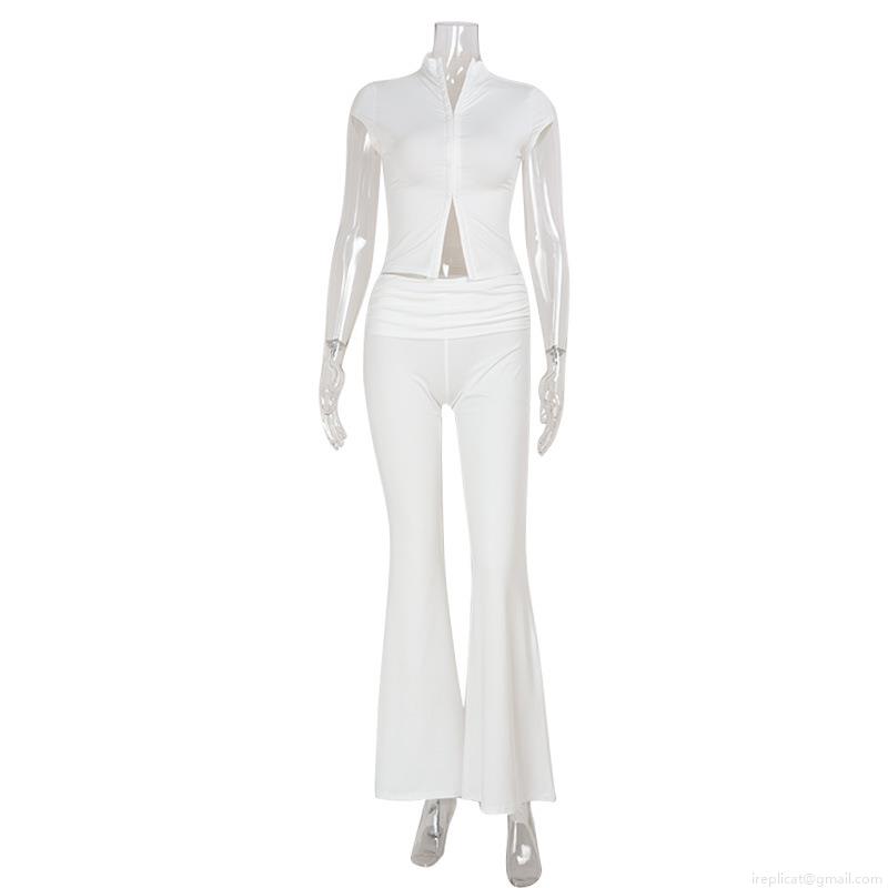 Women\'s Sexy Two Piece Outfits Hollow Out Zipper Stand Collar Top and High Waist Flare Pants Set Streetwear Slim Fit Bodycon Clubwear Polyester Spandex