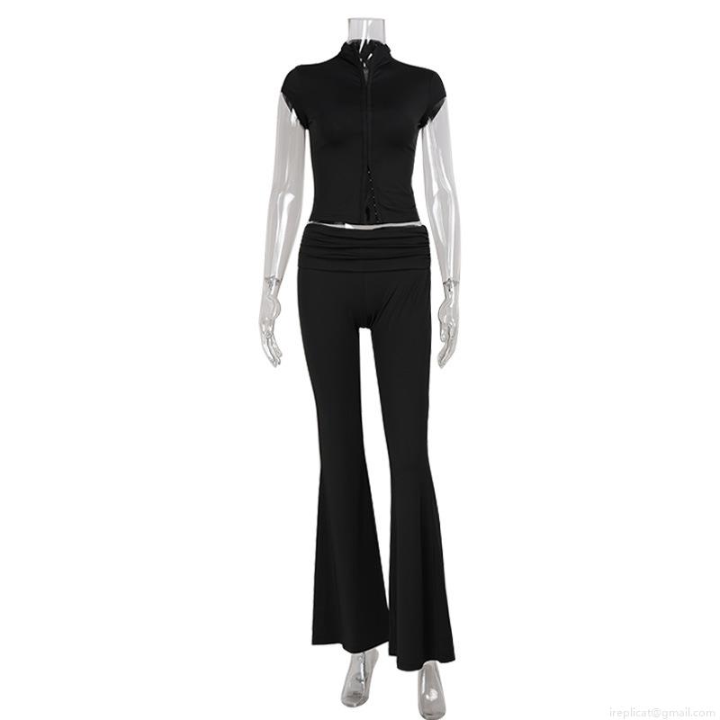 Women\'s Sexy Two Piece Outfits Hollow Out Zipper Stand Collar Top and High Waist Flare Pants Set Streetwear Slim Fit Bodycon Clubwear Polyester Spandex