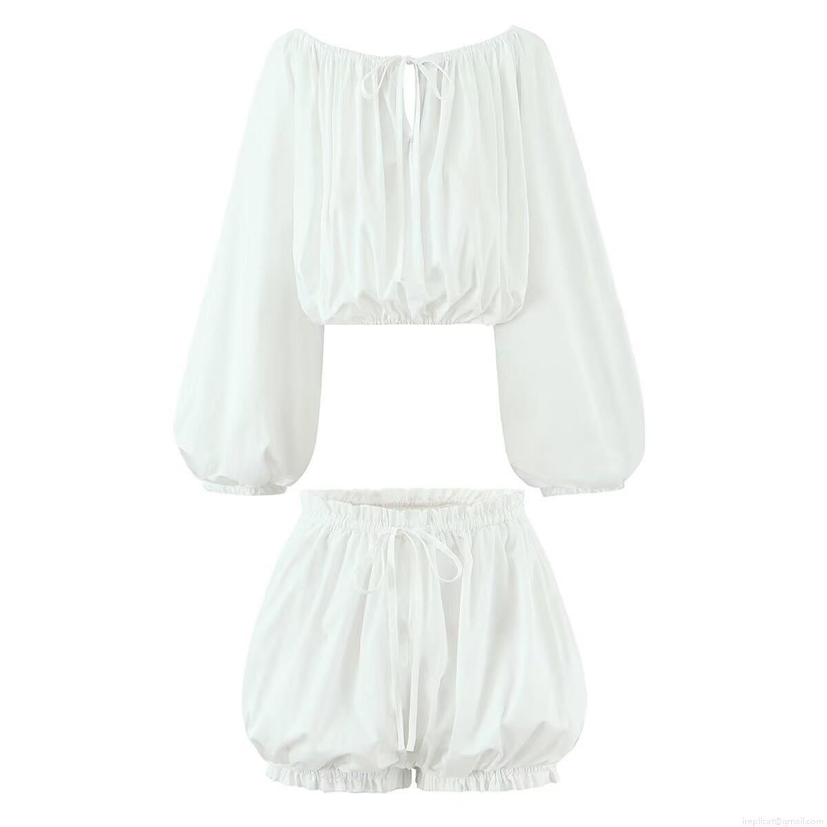 Women's 100% Cotton Two Piece Set Off-shoulder Lantern Long Sleeve Crop Top And Ruffle Hem Bloomers Shorts Lolita Sweet Style White Casual Outfit