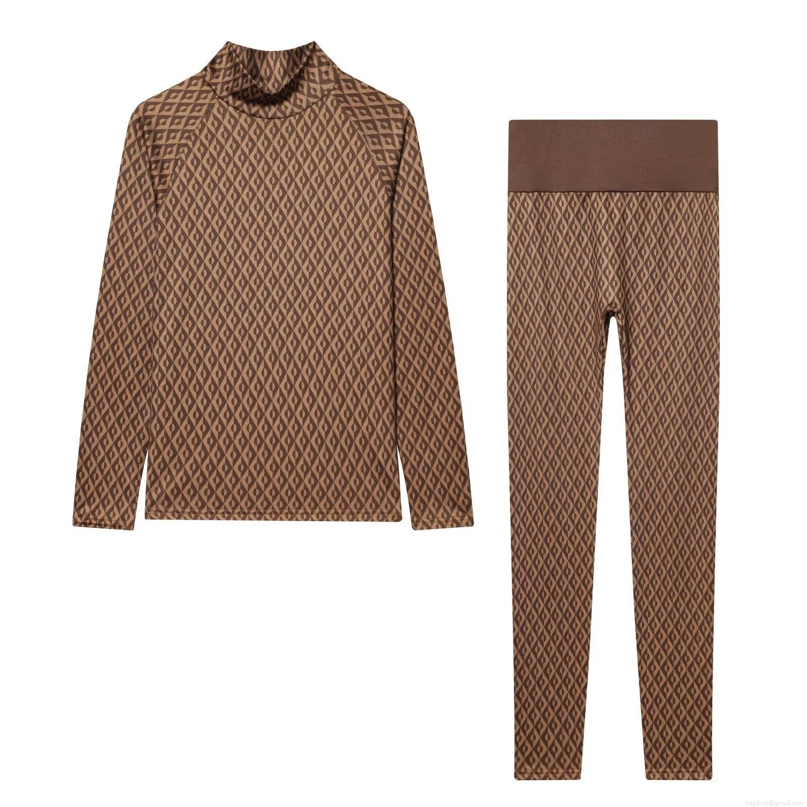 Women\'s 2 Piece Outfits Mock Neck Geometric Print Long Sleeve Top High Waist Pants Set Stretchy Slim Fit Tracksuit Casual Streetwear Autumn Winter