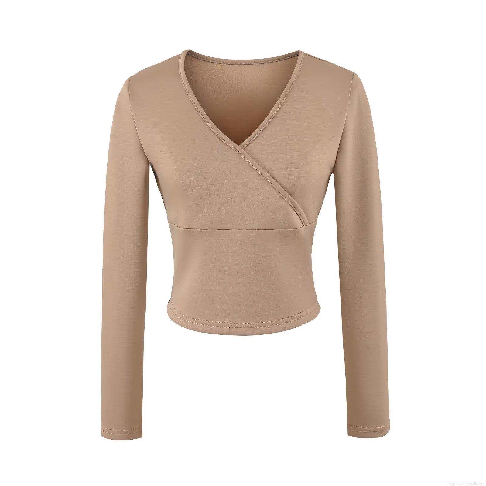 Women\'s 2 Piece Outfits Casual Cotton Blend Crossover V Neck Long Sleeve Crop Top And High Waist Fold Over Flare Pants Set Loungewear Yoga Tracksuit