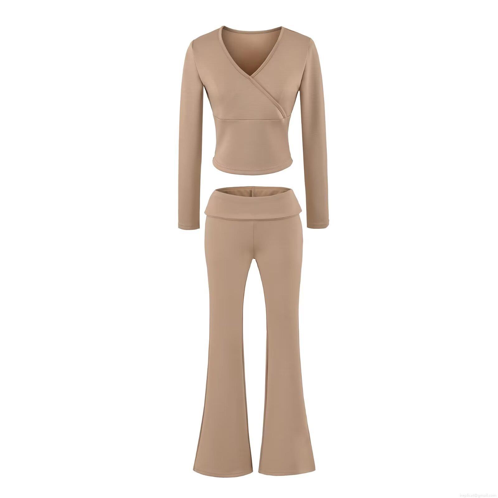 Women\'s 2 Piece Outfits Casual Cotton Blend Crossover V Neck Long Sleeve Crop Top And High Waist Fold Over Flare Pants Set Loungewear Yoga Tracksuit