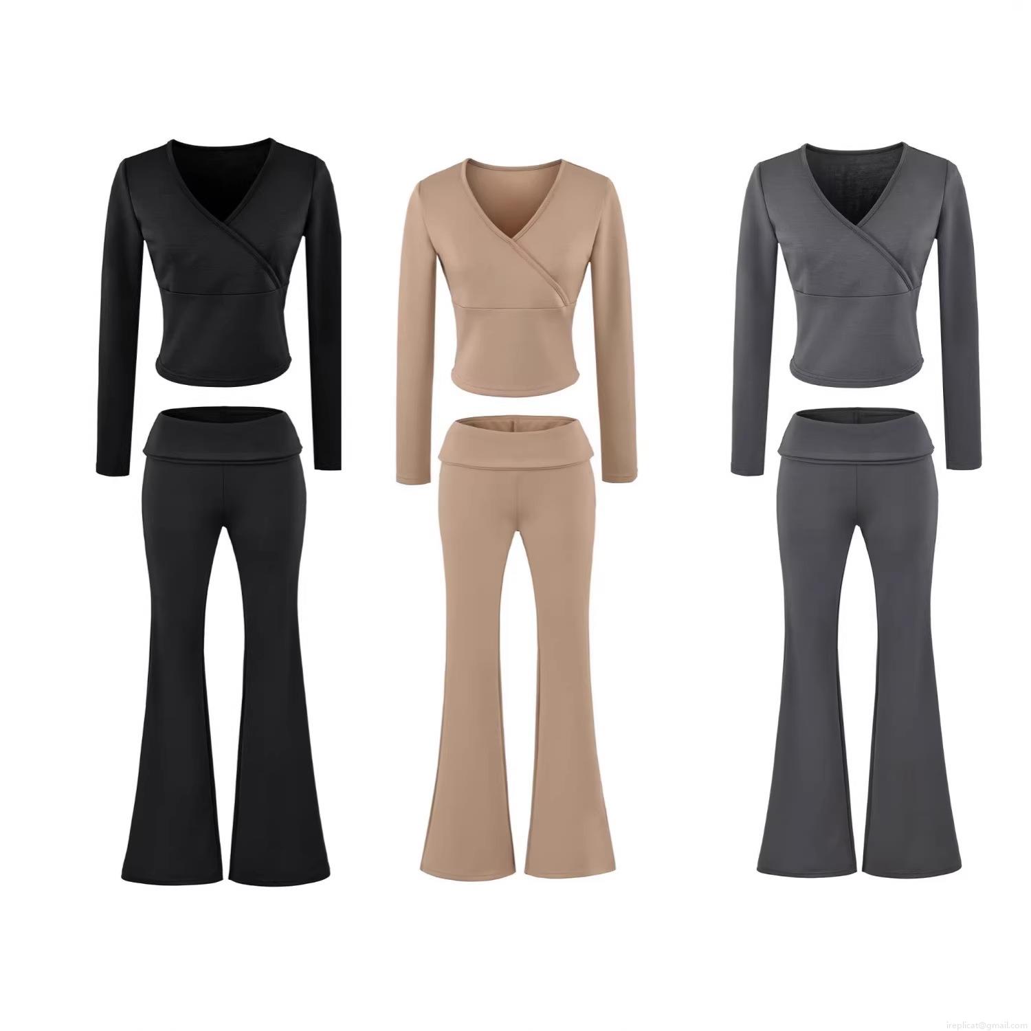 Women\'s 2 Piece Outfits Casual Cotton Blend Crossover V Neck Long Sleeve Crop Top And High Waist Fold Over Flare Pants Set Loungewear Yoga Tracksuit