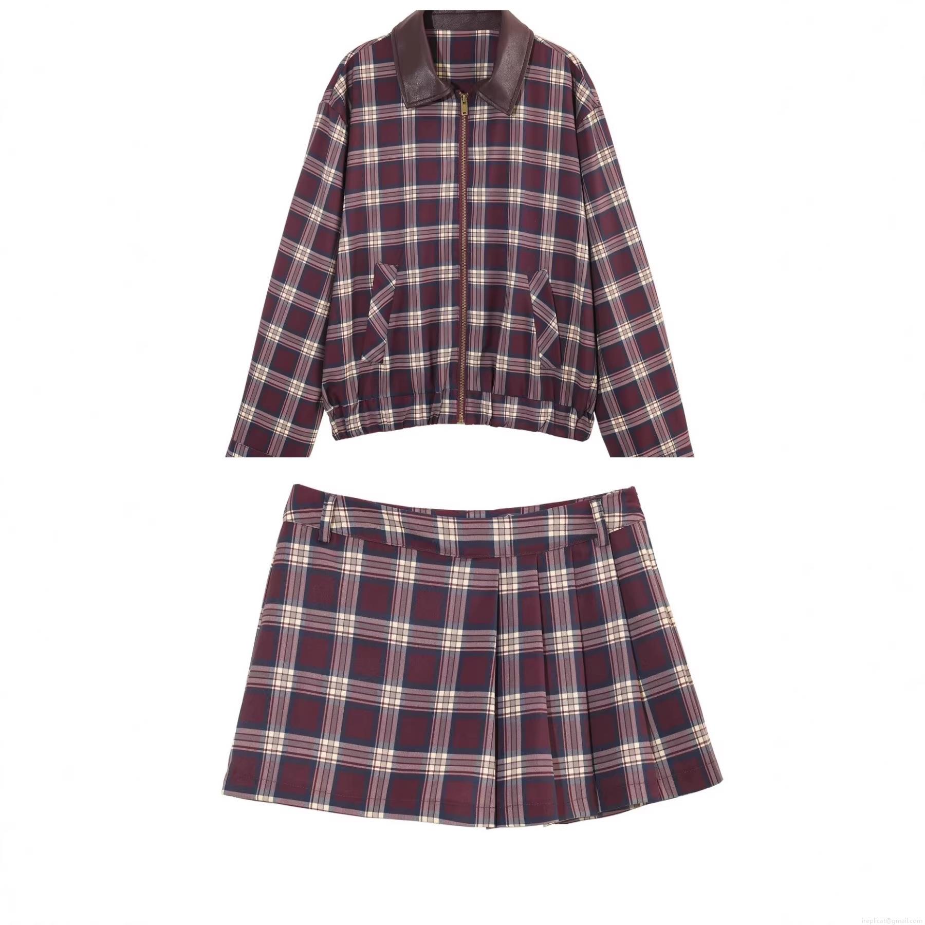 Women's Plaid Jacket And Skort Set Leather Effect Patchwork Collar Long Sleeve Zipper Bomber Jacket Pleated Mini Skort 2 Piece Outfit Preppy Streetwear Wine Red