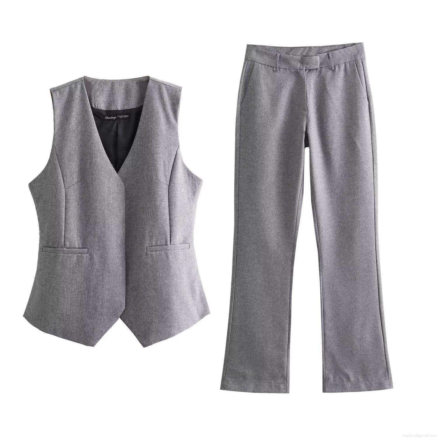 Women's Casual 2-Piece Pant Set Grey Sleeveless V-Neck Asymmetric Vest and Flare Leg Trousers Elegant Street Style Suit Outfit Women's Casual 2-Piece Pant Set Grey Sleeveless V-Neck Asymmetric Vest and Flare Leg Trousers Elegant Street Style Suit Outfit