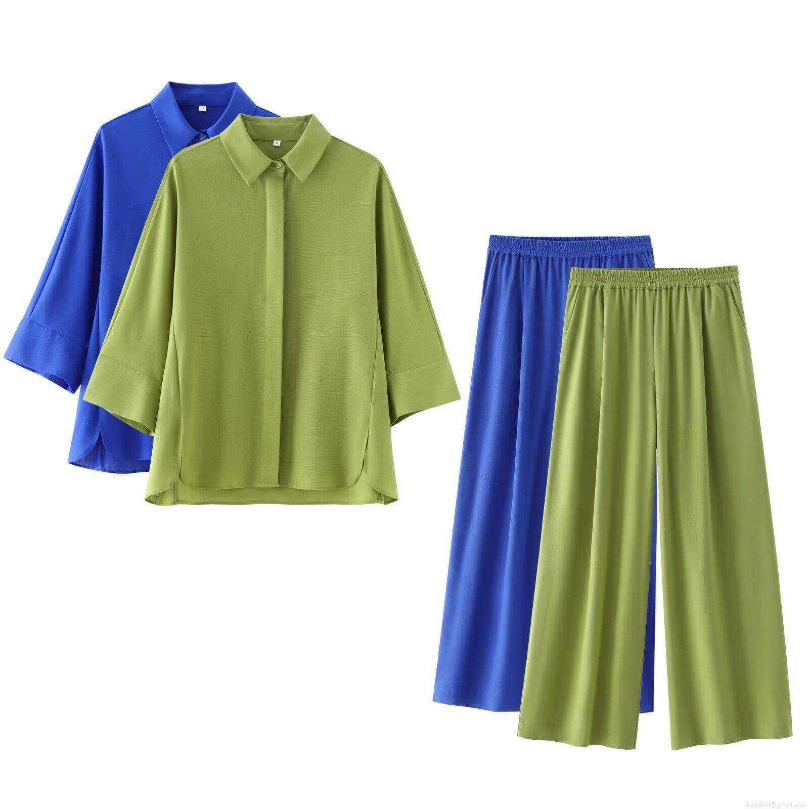 Women's 2 Piece Outfits Casual Loose Long Sleeve Button Down Shirt And Wide Leg Pants Set Solid Color Polyester Streetwear Loungewear Sets For Women