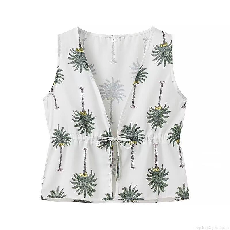Women\'s 2 Piece Pants Set Polyester Lace-up V-Neck Sleeveless Crop Top and Wide Leg Long Pants Tropical Vacation Beach Summer Palm Tree Print Casual Outfit