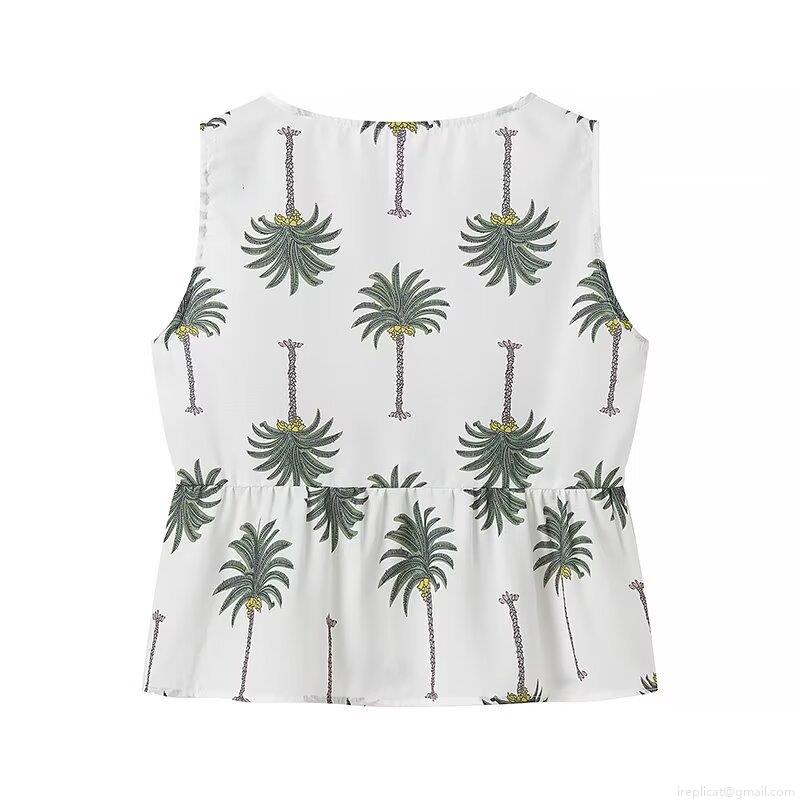 Women\'s 2 Piece Pants Set Polyester Lace-up V-Neck Sleeveless Crop Top and Wide Leg Long Pants Tropical Vacation Beach Summer Palm Tree Print Casual Outfit