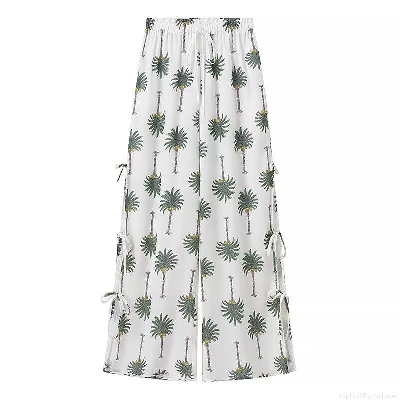 Women\'s 2 Piece Pants Set Polyester Lace-up V-Neck Sleeveless Crop Top and Wide Leg Long Pants Tropical Vacation Beach Summer Palm Tree Print Casual Outfit