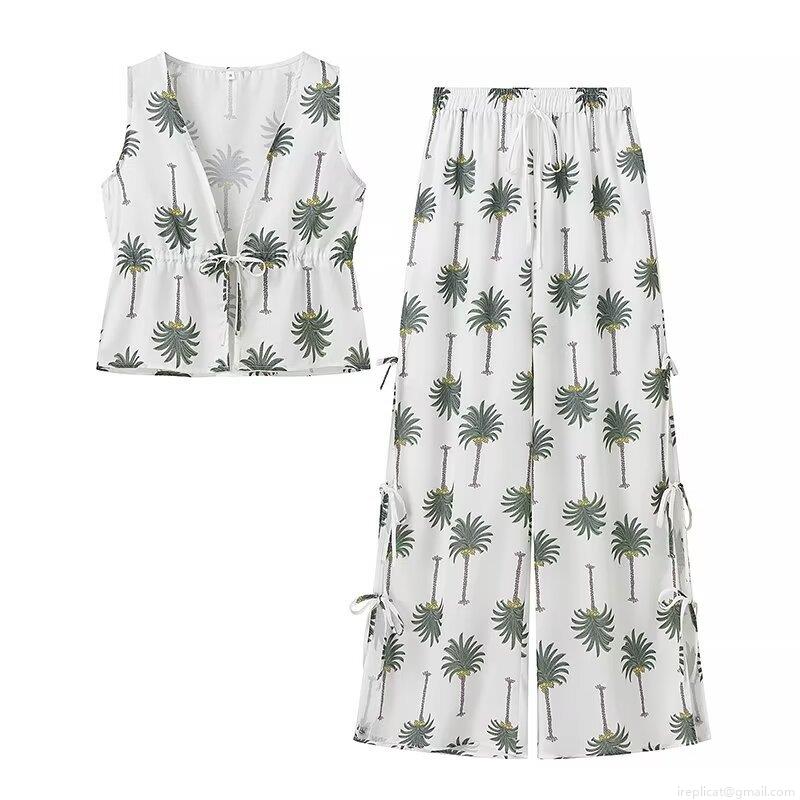 Women\'s 2 Piece Pants Set Polyester Lace-up V-Neck Sleeveless Crop Top and Wide Leg Long Pants Tropical Vacation Beach Summer Palm Tree Print Casual Outfit