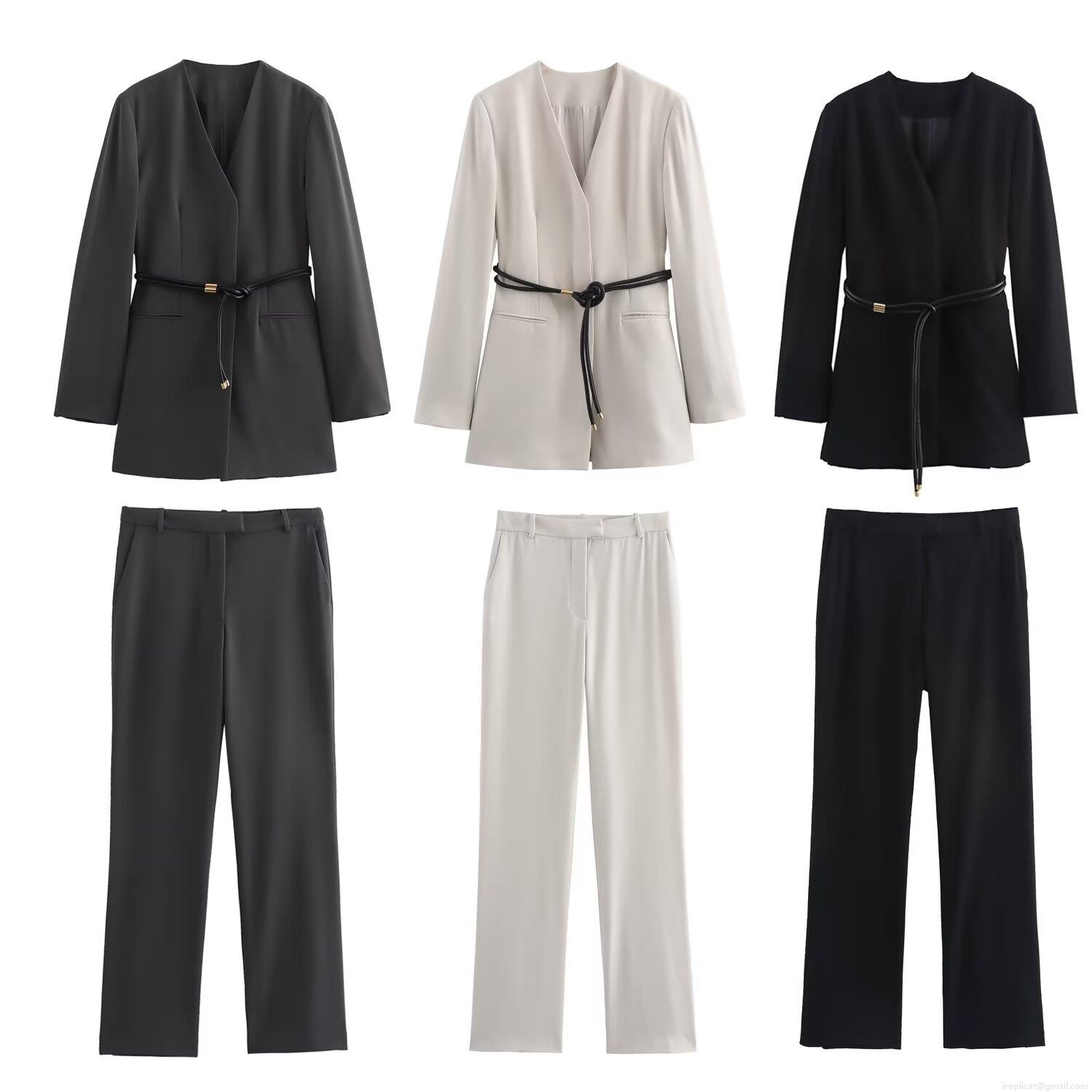 Women's Professional Blazer Jacket And High Waist Straight Pants Set With Belt Solid Color Polyester Office Commuter Street Style Two Piece Outfits For Women Women's Professional Blazer Jacket And High Waist Straight Pants Set With Belt Solid Color Polyester Office Commuter Street Style Two Piece Outfits For Women