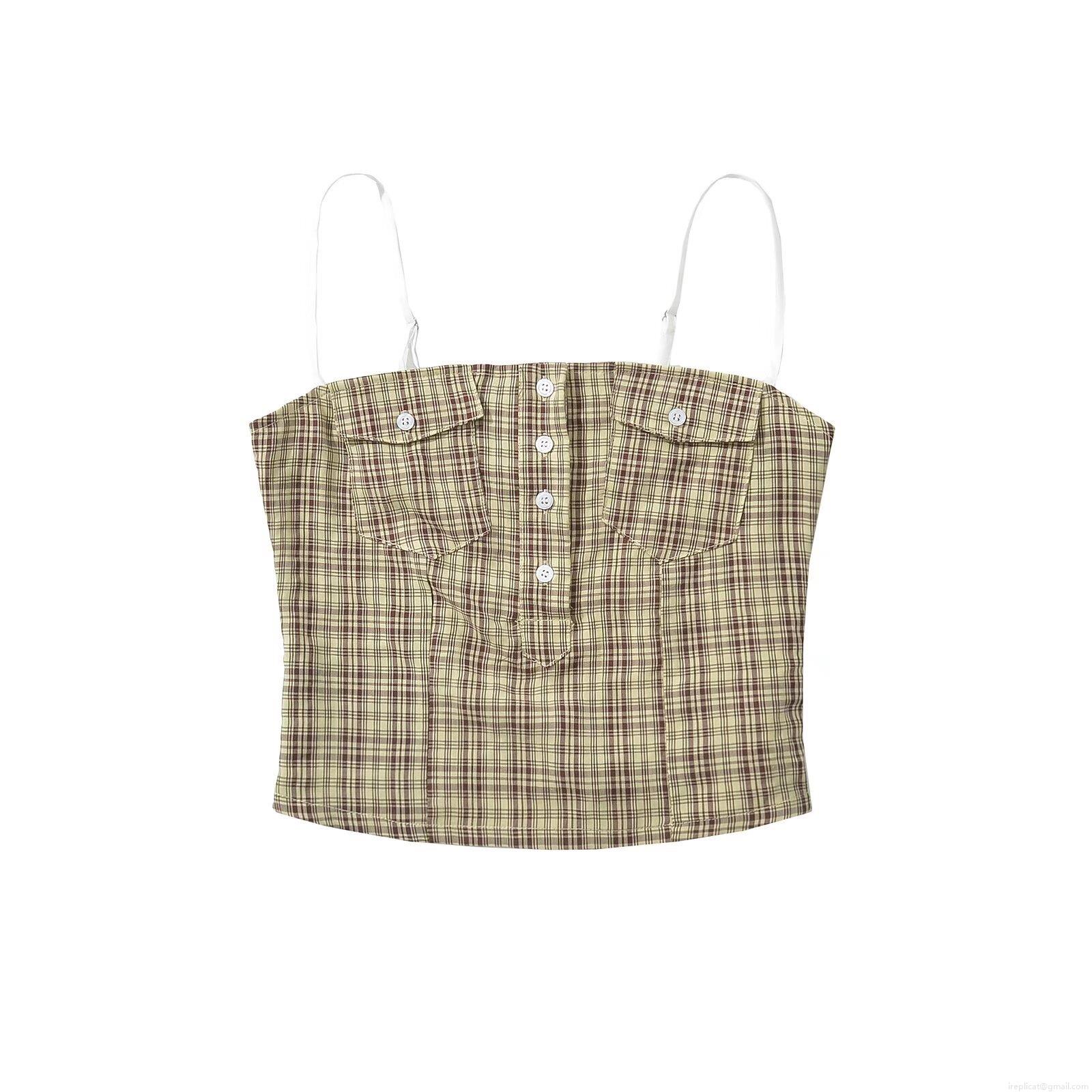 Women Plaid Camisole Top and Mini Skirt Set Rayon Polyester Patchwork Button Decor Sleeveless Two Piece Outfits Streetwear Khaki